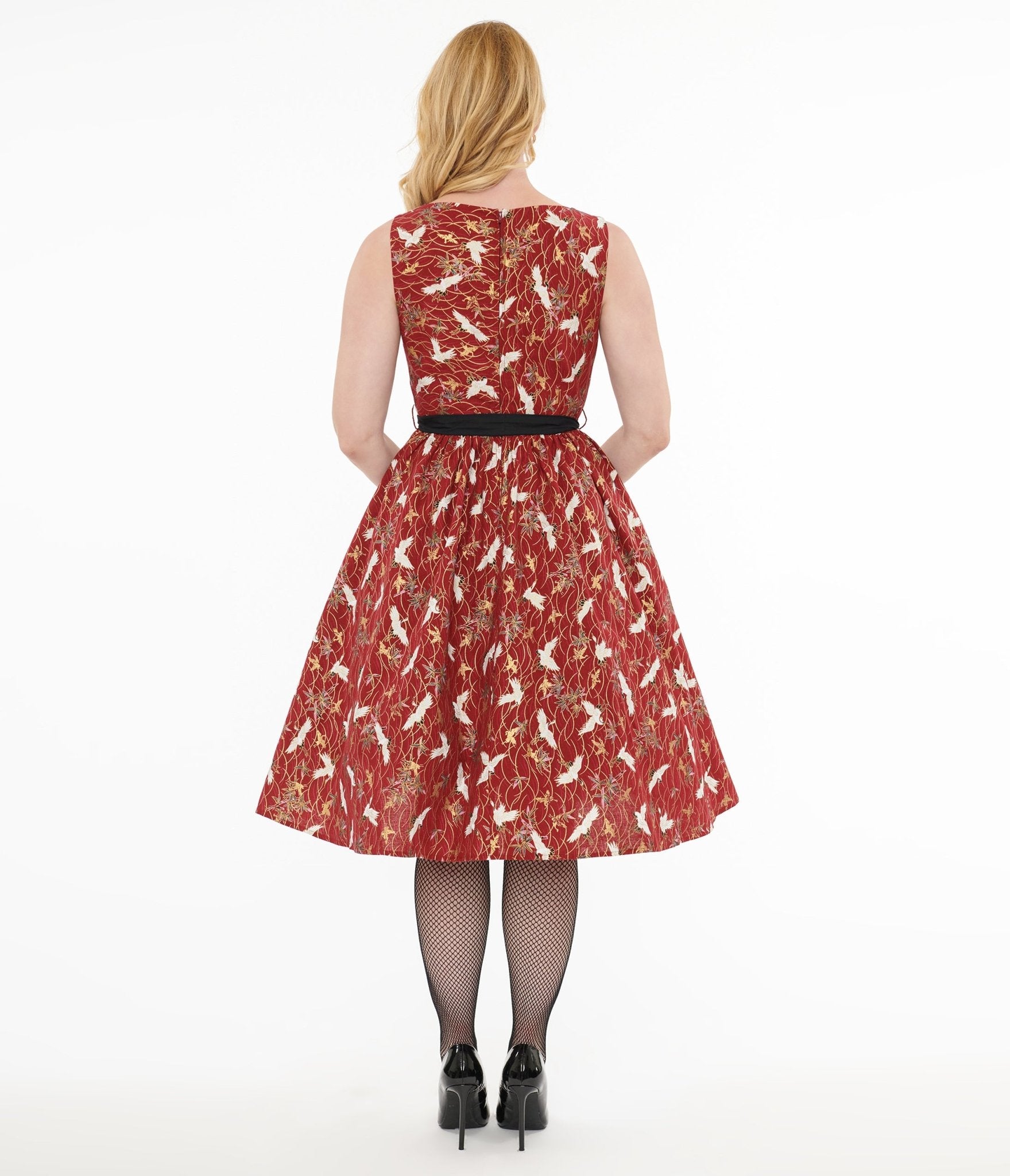 Vintage 1950s Burgundy Crane Print Sleeveless Swing Dress - Retro Cocktail Party & Fall Wedding Guest Outfit