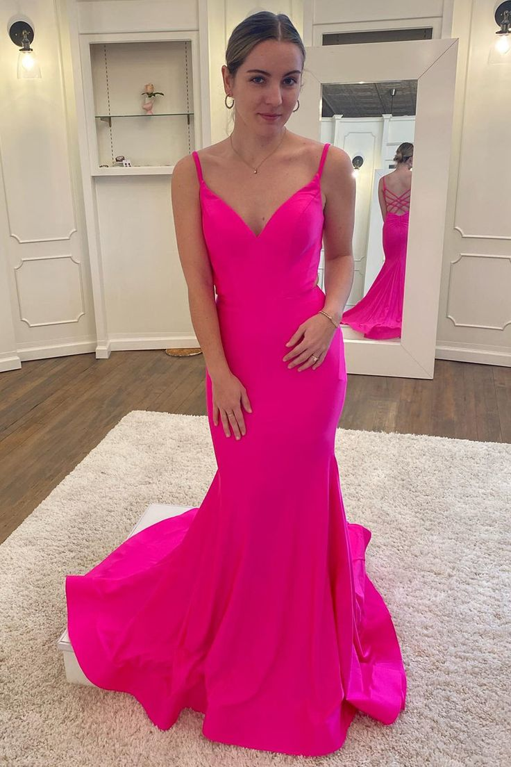 Elegant Hot Pink V-Neck Backless Mermaid Long Formal Evening Gown J6136 for Prom, Wedding, and Special Occasions