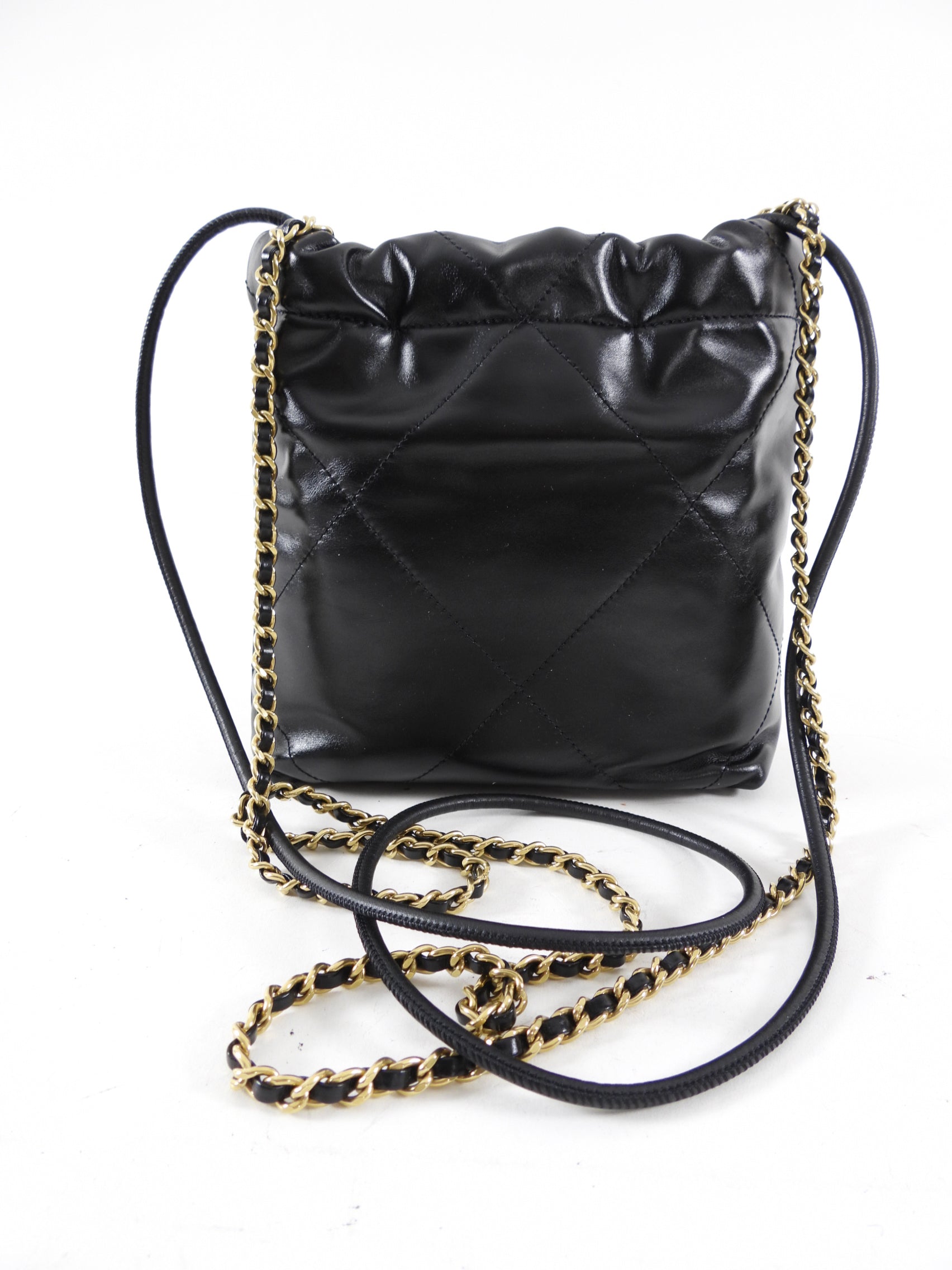 Chanel 2023 Black Leather Chain 22 Mini Bag with Ivory Enamel Logo - Luxury Designer Handbag for Women, Perfect for Evening Parties & Date Nights