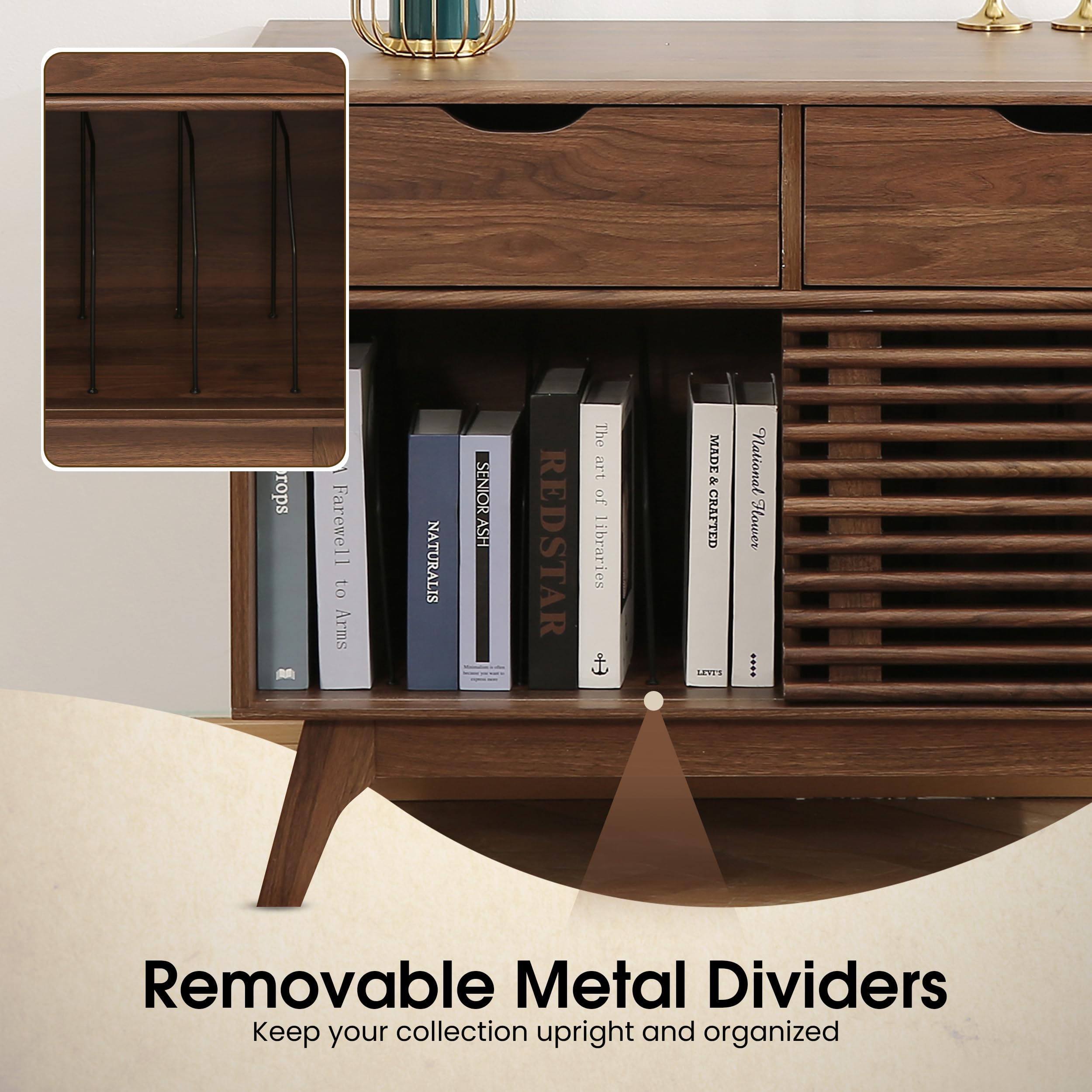 Houseables Mid Century Modern Record Player Cabinet - Vinyl Record Storage & Console Table for Living Room, Home Theater & Music Room Decor