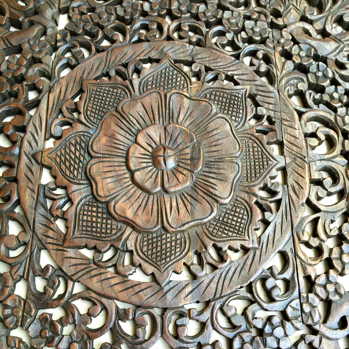 Large Floral Wood Carved Wall Panels - Dark Brown 36