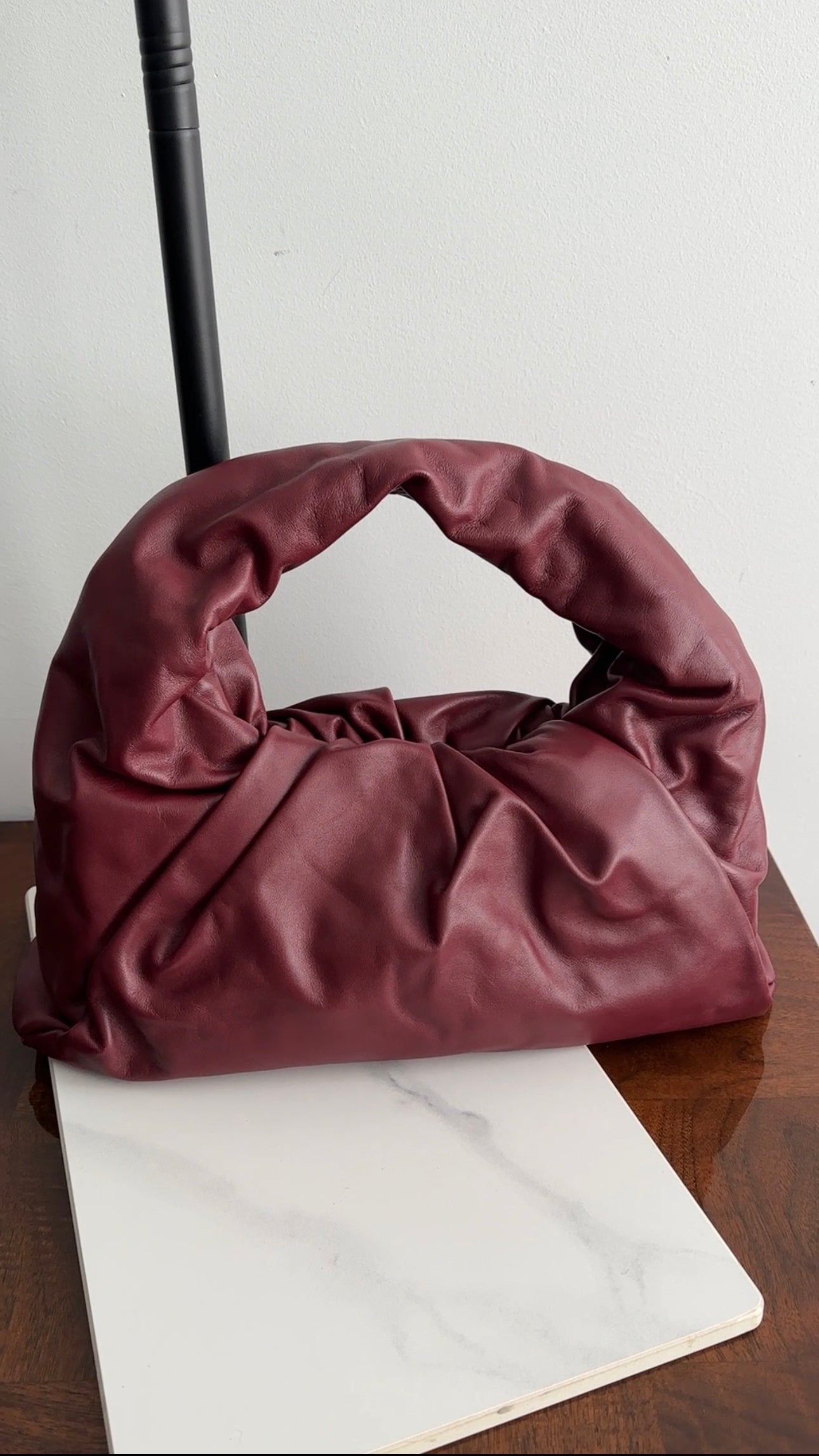 Bottega Veneta Burgundy Pleated Leather Shoulder Pouch Bag for Women | Luxury Crossbody Purse for Work, Travel & Evening Events