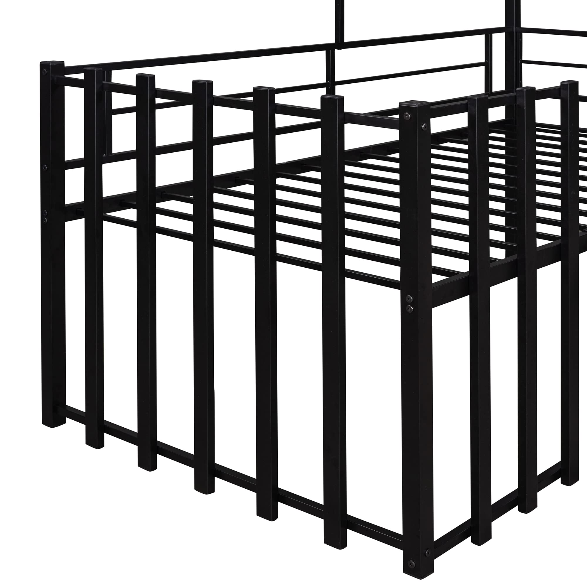 Knocbel Metal Twin Size Low Loft Bed with Roof - Kids House Bed Frame with Window, Guardrail & Ladder - Sturdy 14-Slat Platform Design (300lbs Capacity, Black) - Perfect for Small Bedrooms, Playrooms & Kids' Dream Spaces