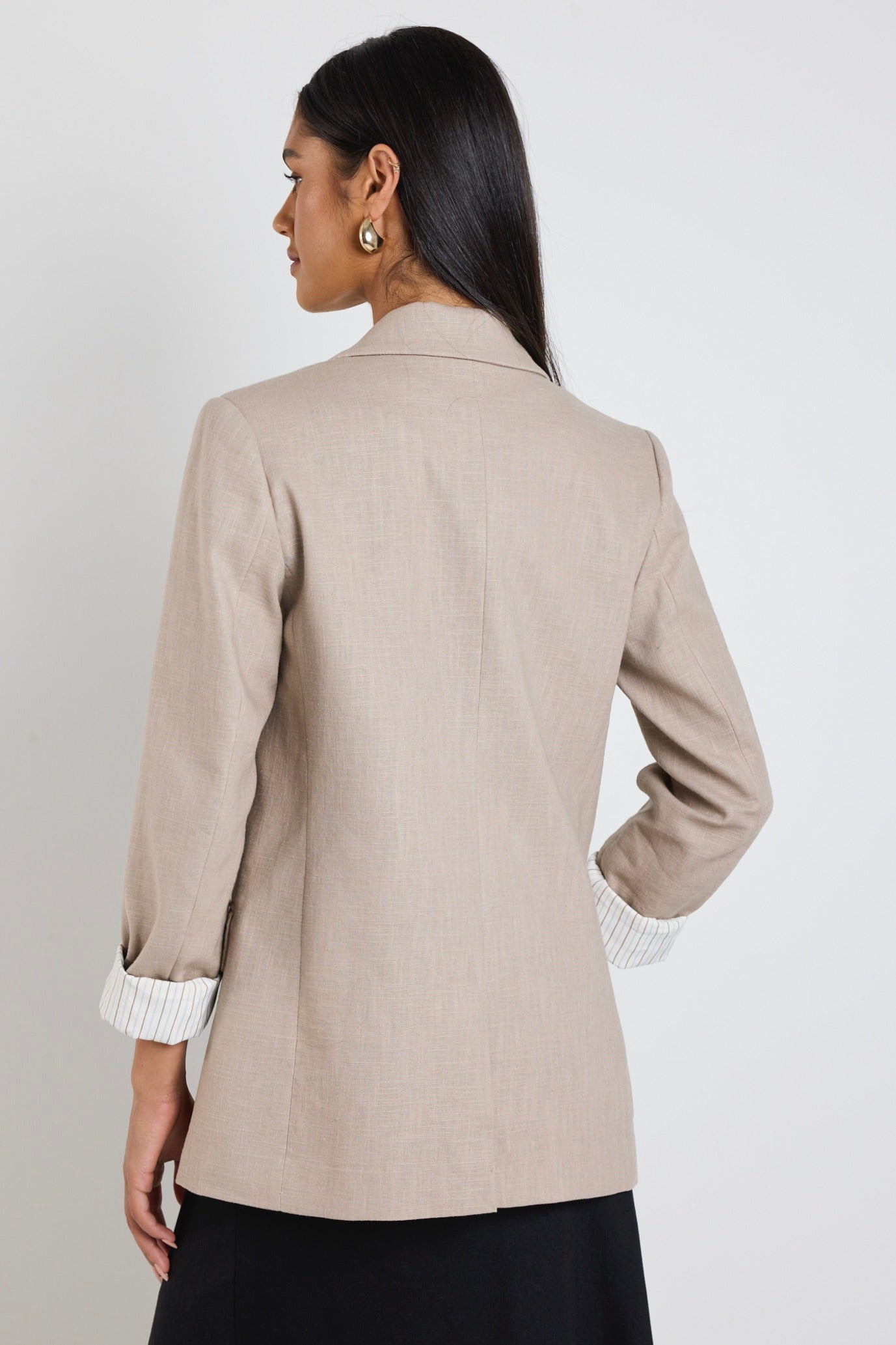 Taupe Ramie Rolled Sleeve Blazer Jacket for Women - Lightweight Summer Office Wear & Casual Outfits