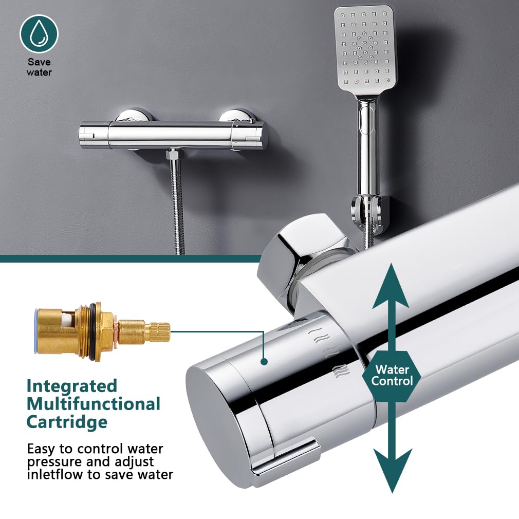 BONADE Thermostatic Shower Mixer Tap with 38°C Safety Button - Chrome Surface-Mounted Bathroom Shower Mixer for Tub & Round Shower - Perfect for Modern Bathrooms & Spa-Like Showers