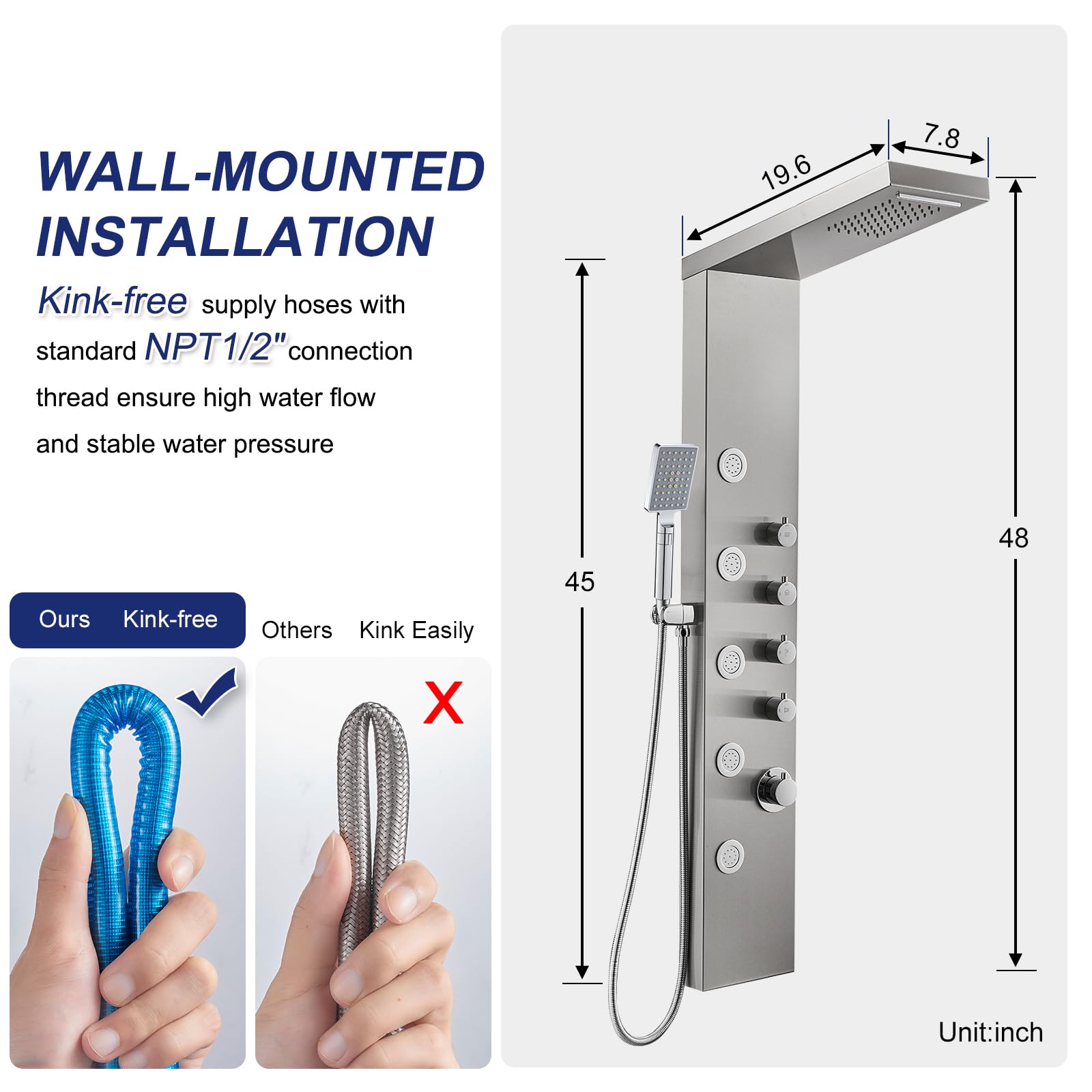 ROVATE Rainfall Waterfall Shower Tower Panel System - 304 Stainless Steel Bathroom Shower Panel with 5 Body Jets & 3 Handheld Shower Heads - Wall Mounted Shower Column with Brushed Finish - Perfect for Spa-Like Luxury Bathroom Experience