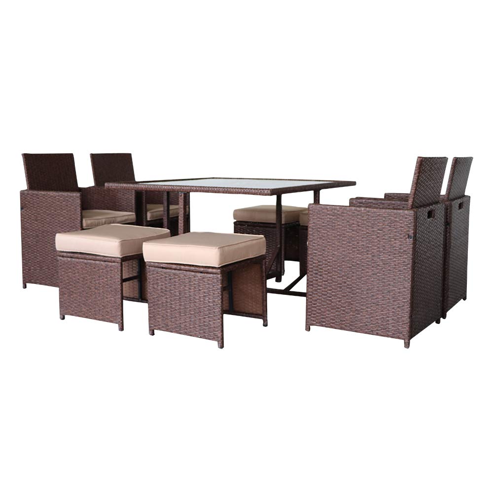 Devoko 9-Piece Outdoor Patio Dining Set - Space-Saving Rattan Chairs with Tempered Glass Table, Cushioned Seating & Back Sectional Conversation Set - Perfect for Backyard, Garden, Poolside & Balcony Relaxation