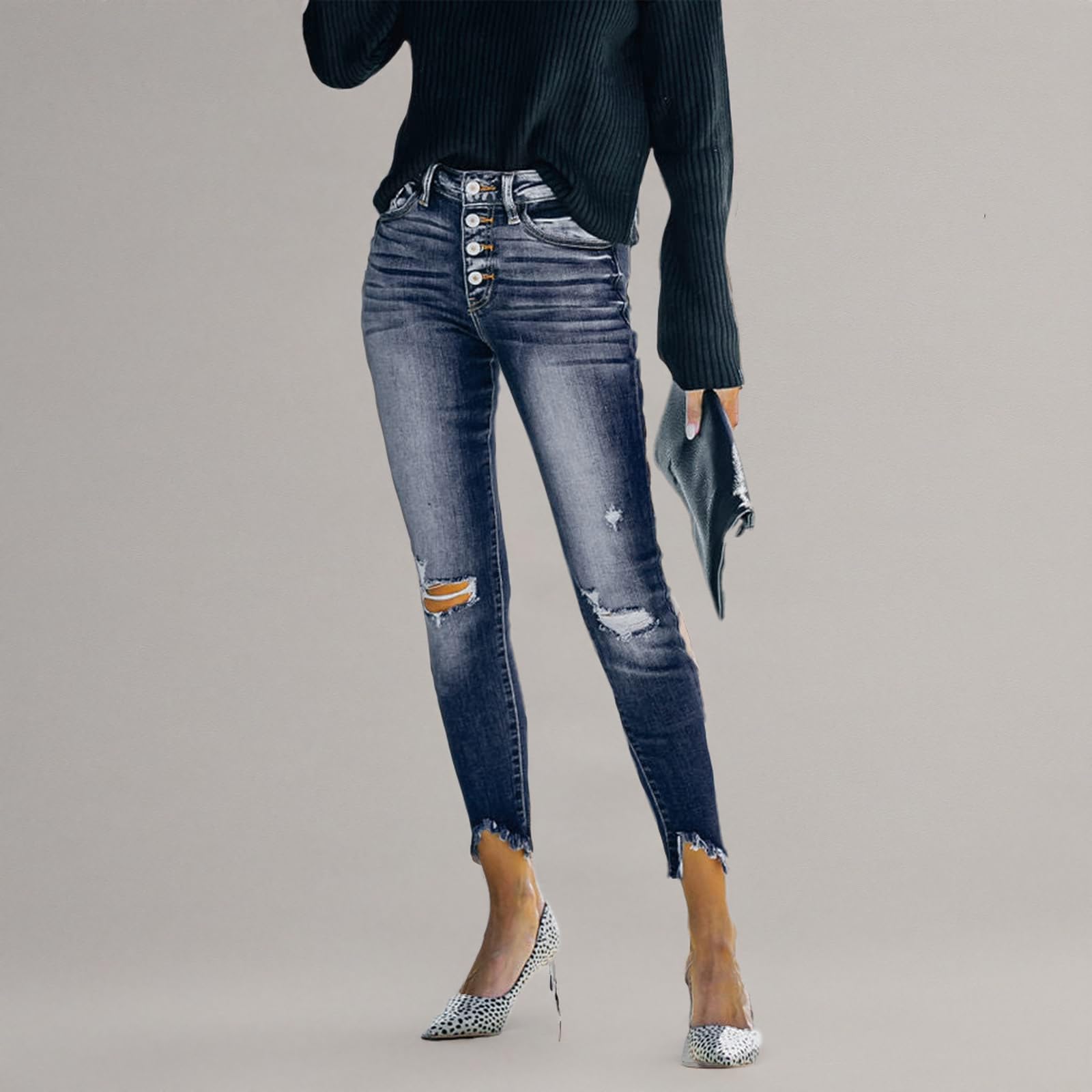 LONGYIDA Women's Ripped Stretch High Waist Skinny Jeans with Button Fly | Trendy Distressed Denim Pants for Casual Wear & Night Out