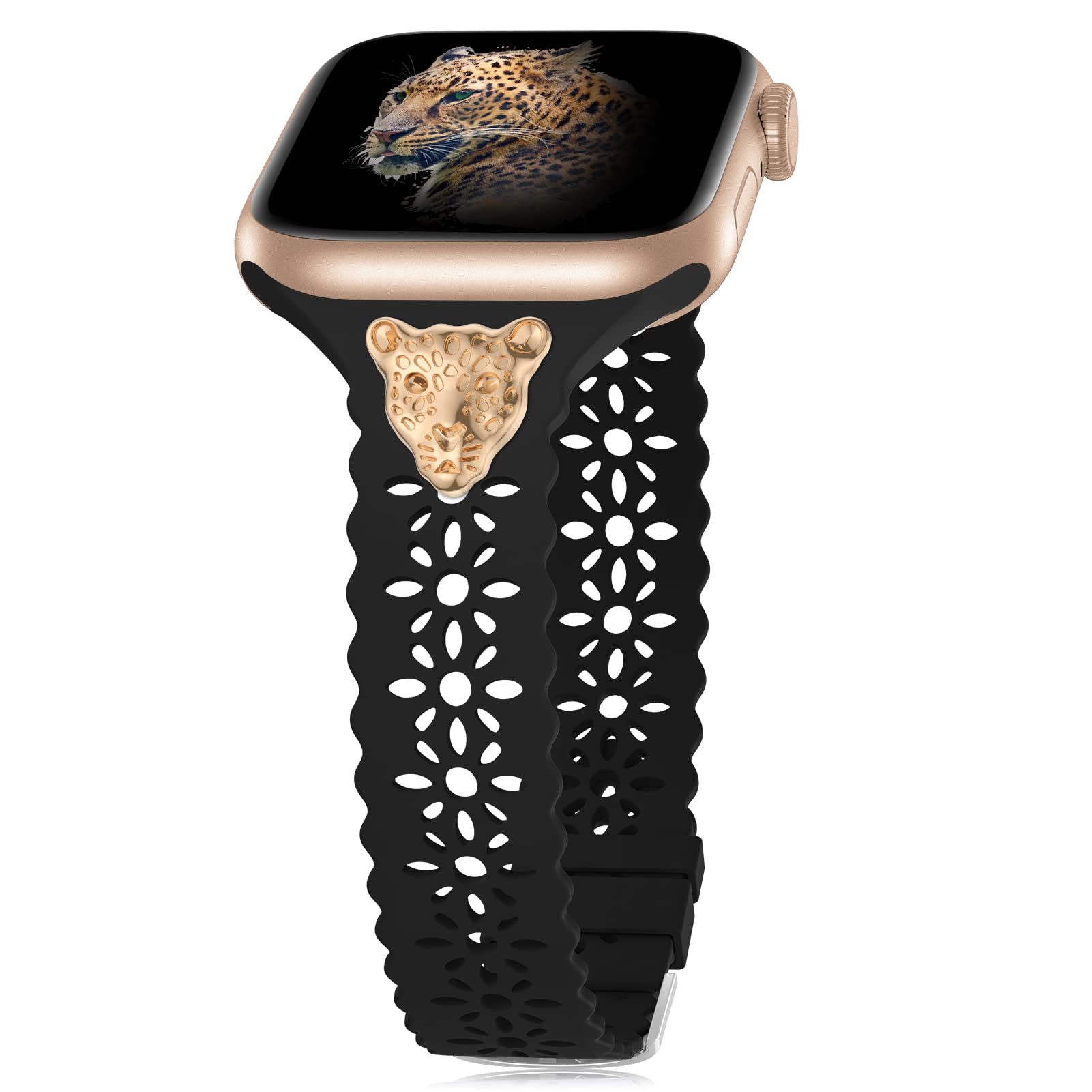 Elegant Lace Silicone Apple Watch Band with Charms - Compatible with 38mm 40mm 41mm 42mm 44mm 45mm iWatch Series 7/6/SE/5/4/3/2/1 - Women's Slim Decorative Sport Band for Workout, Office & Daily Wear