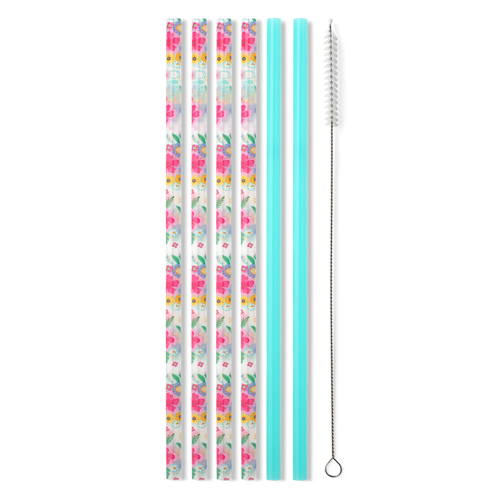 Eco-Friendly Island Bloom & Mint Reusable Straw Set - 4 Pack Stainless Steel Drinking Straws with Cleaning Brush for Smoothies, Iced Coffee, and Cocktails at Home or Travel