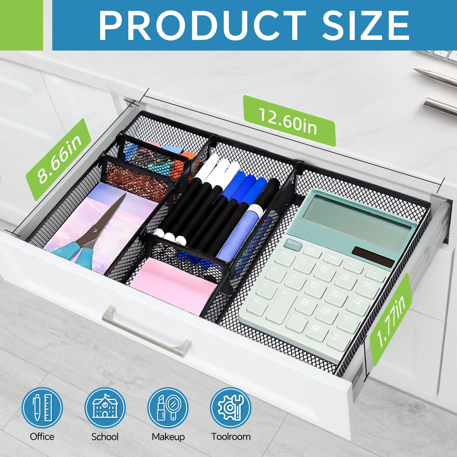 Metal Mesh Desk Drawer Organizer Tray - 7 Adjustable Compartments Office & School Supplies Organizer - Perfect for Home Office, School, and Workspace Organization (Black)