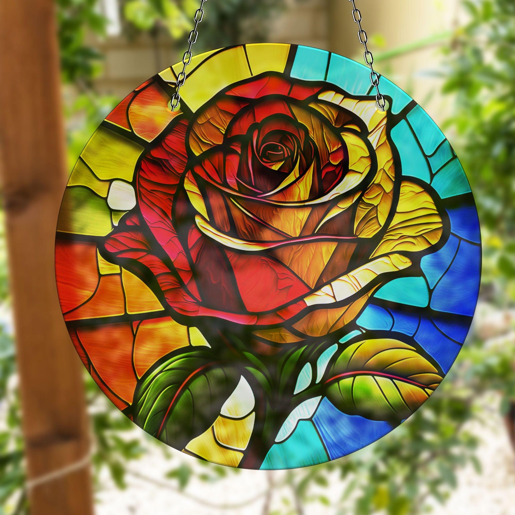 Vibrant Stained Glass Rose Suncatcher - Handmade Window Decor for Home, Office & Garden - Perfect for Gifts, Wedding Decor & Sunshine Display