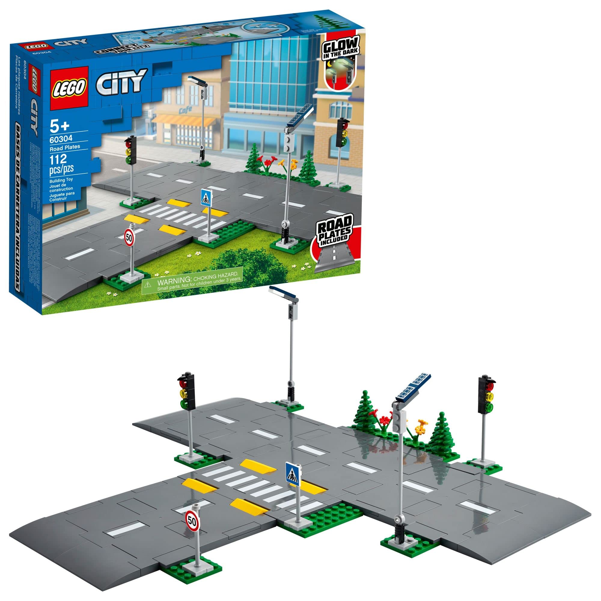 LEGO City Road Plates 60304 - Building Toy Set with Traffic Lights, Trees & Glow in The Dark Bricks | Compatible with All City Series Sets | STEM Learning Gift for Kids Ages 5+ | Perfect for Creative Play, City Building & Interactive Learning Scenes