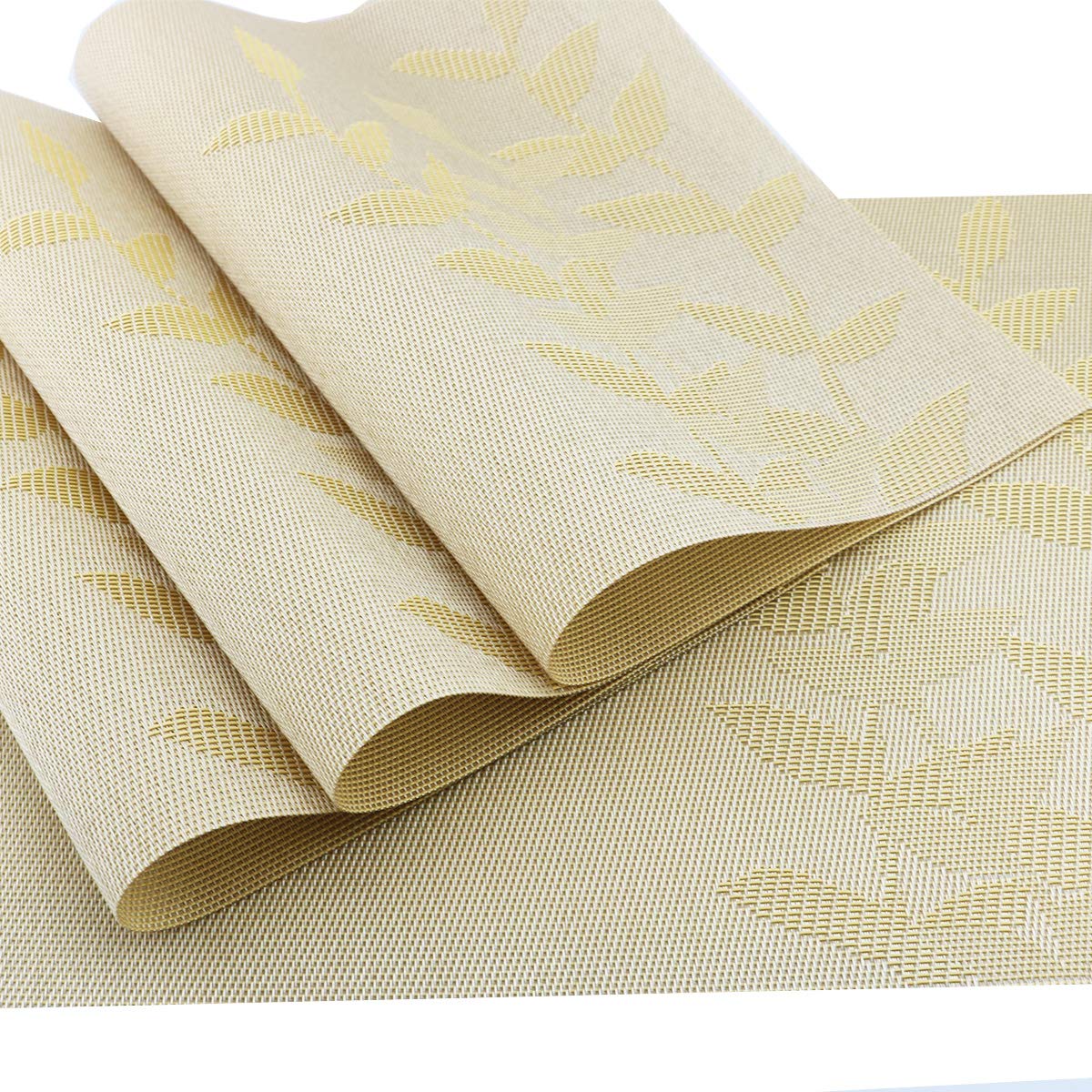 Gold Floral Vinyl Placemats Set of 6 - Heat Resistant Non-Slip Table Mats for Dining - Woven Crossweave Design - Indoor/Outdoor Kitchen Use - Easy Wipe Clean - Perfect for Dinner Parties, BBQs, and Everyday Meals