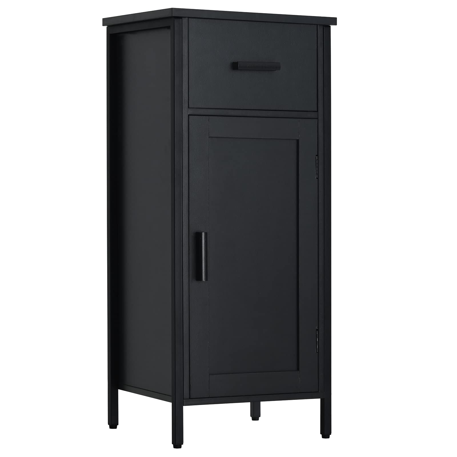 Industrial Side Cabinet with 1 Door & 1 Drawer - 2-Shelf Floor Storage Cabinet, Nightstand or Bathroom Organizer - Perfect for Living Room, Hallway & Office (Black) - Compact Space-Saving Design for Small Apartments & Dorm Rooms