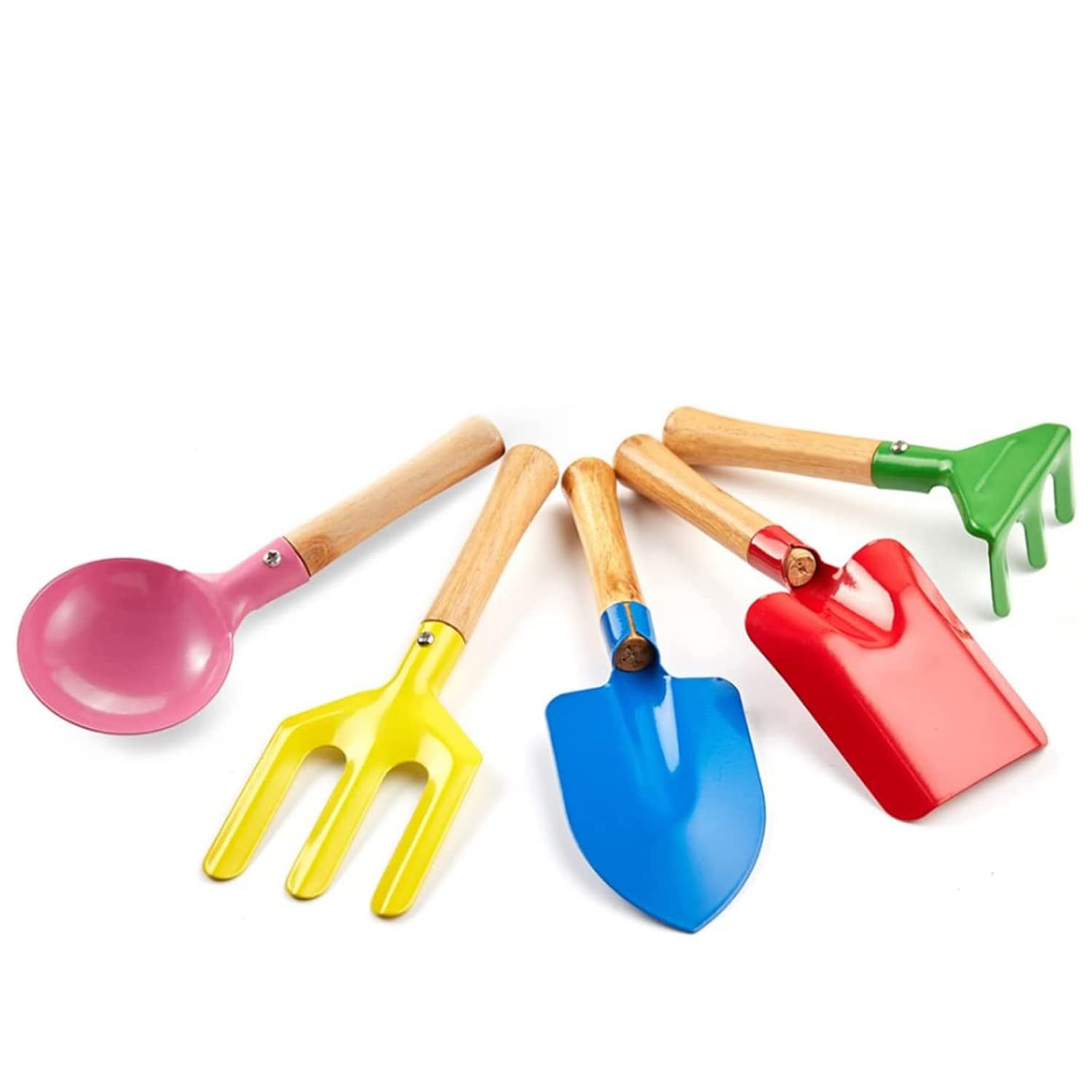5PCS Kids Gardening Tools Set with Metal Head & Sturdy Wooden Handle - Safe Children's Garden Kit (8 Inch) for Outdoor Planting, Beach Sandbox Play & Educational Activities