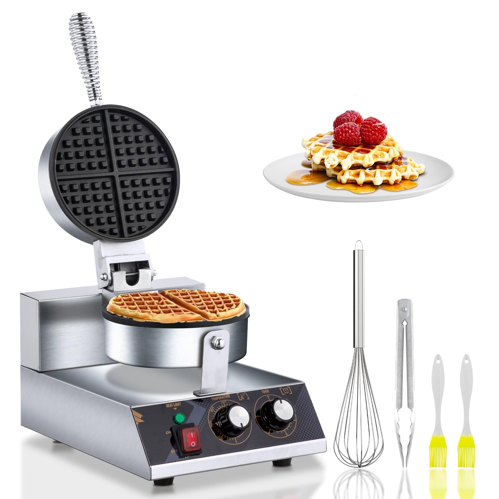 ROVSUN Commercial Electric Belgian Waffle Maker - 360° Rotating Non-Stick Waffle Iron with Adjustable Temperature & Timer - Perfect for Hotels, Restaurants, and Breakfast Cafes
