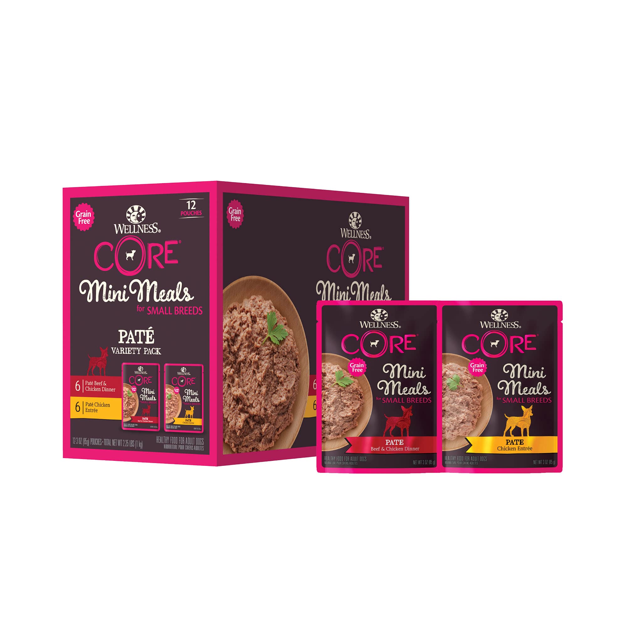 Wellness CORE Natural Grain Free Small Breed Mini Meals Pate Variety Pack - 12 Pack of 3oz Cans for Puppies & Small Dogs | High Protein, Digestive Health | Perfect for Travel, Training & Daily Feeding