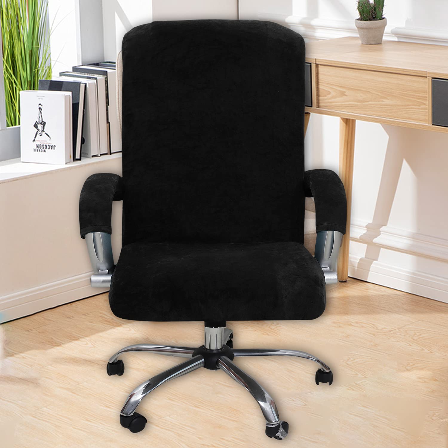 Premium Velvet Office Chair Cover with Armrests - Stretchable Universal Fit for Computer Desk, Boss Swivel & Gaming Chairs (Large, Black) - Perfect for Home Office, Conference Rooms & Gaming Setups