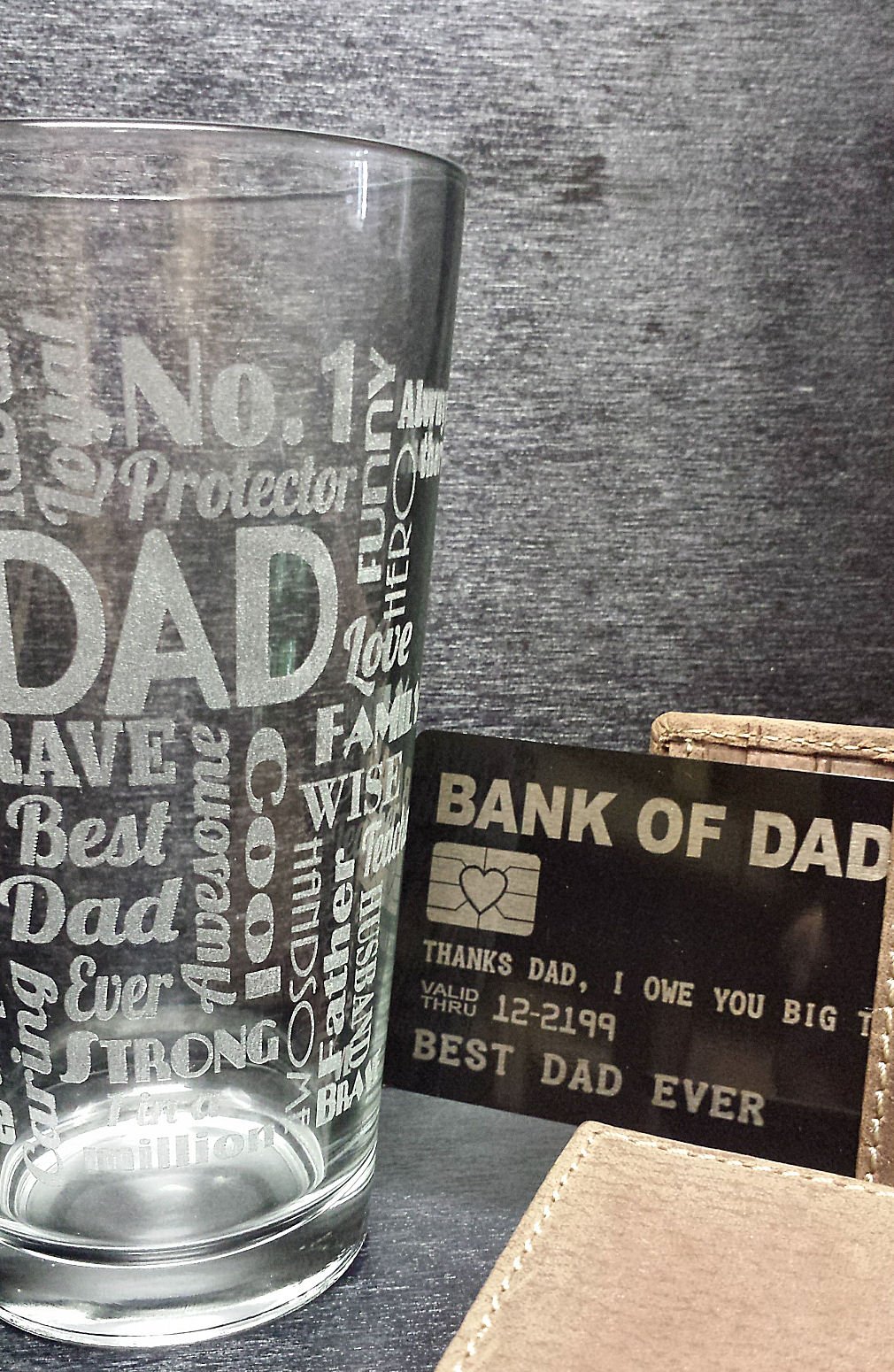 Personalized Dad Beer Glass with Engraved 'Bank of Dad' Wallet Card - 16oz Custom Pub Glass Gift Set for Father's Day, Birthday & Retirement - Perfect for Dads Who Love Whiskey, Beer & Special Occasions