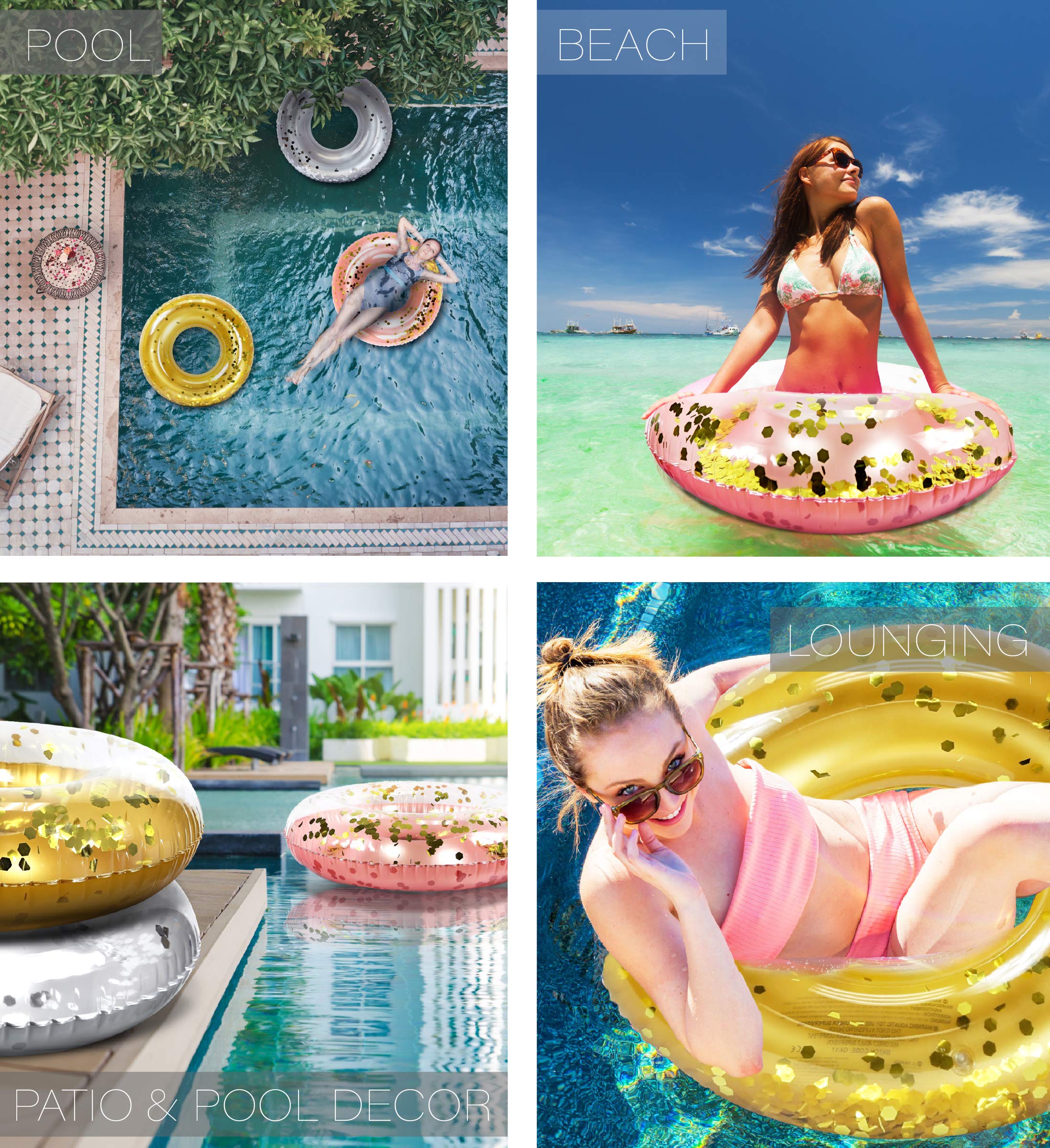 Premium Inflatable Pool Floats Set of 3 - Silver, Gold & Rose Gold Confetti Swim Rings for Adults & Kids | 36 Inch Water Tubes for Pool, Beach, River Parties & Summer Decorations | Fun Floating Toys for Backyard, Vacation & Relaxation