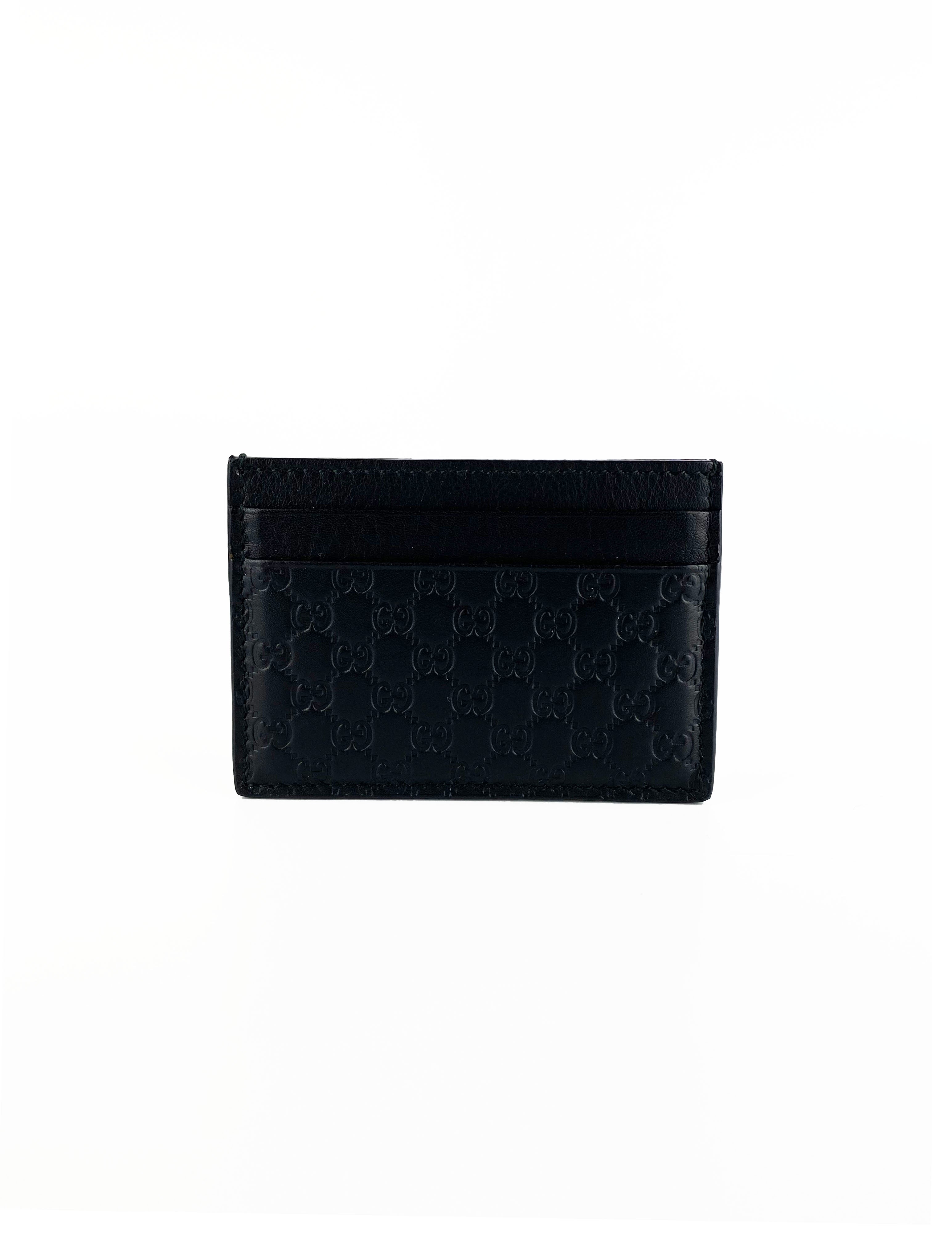 Gucci Black Signature Leather Card Holder Wallet for Men & Women - Slim RFID Blocking Credit Card Case for Travel & Everyday Use