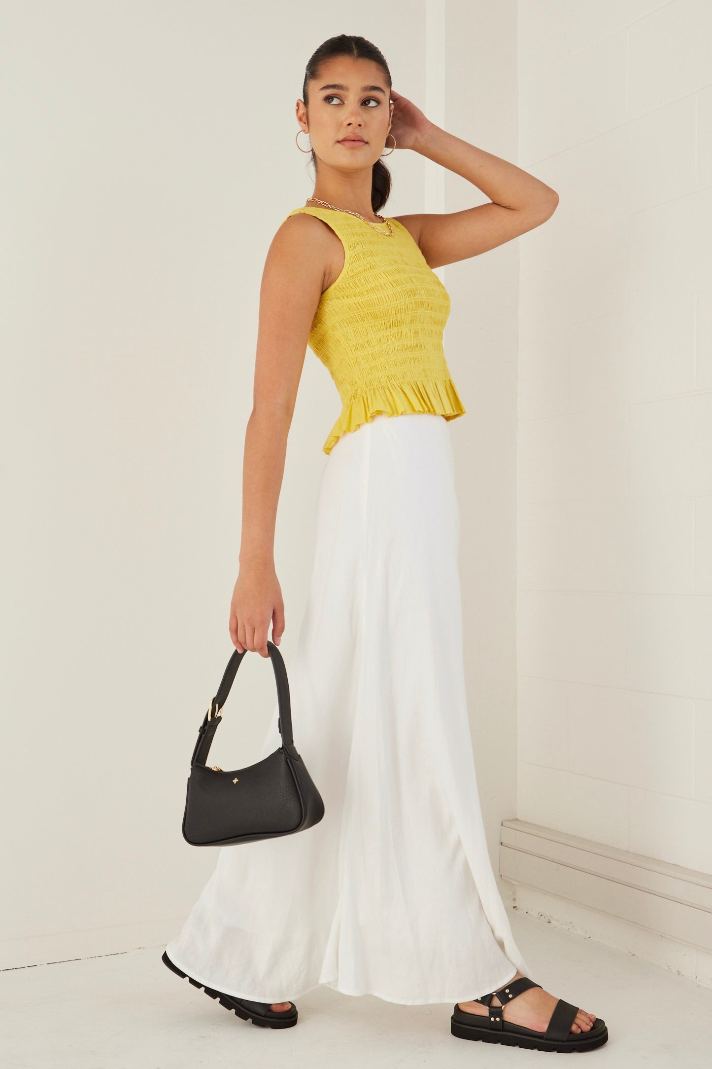Stylish Sunshine Yellow Shirred Poplin Sleeveless Shell Top for Women | Summer Casual Wear, Beach Outfits & Vacation Essentials