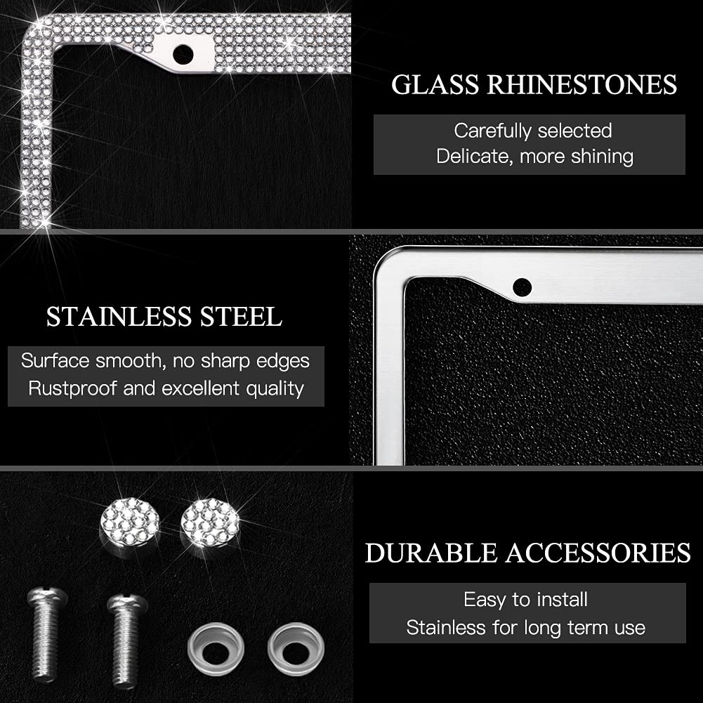 OTOSTAR Bling Rhinestone License Plate Frame with Ribbon Bow - Premium Stainless Steel 2 Hole Holder with Anti-Theft Screw Caps (White/Pink Bowtie) - Perfect for Car Decoration, Gift Giving & Customizing Your Vehicle