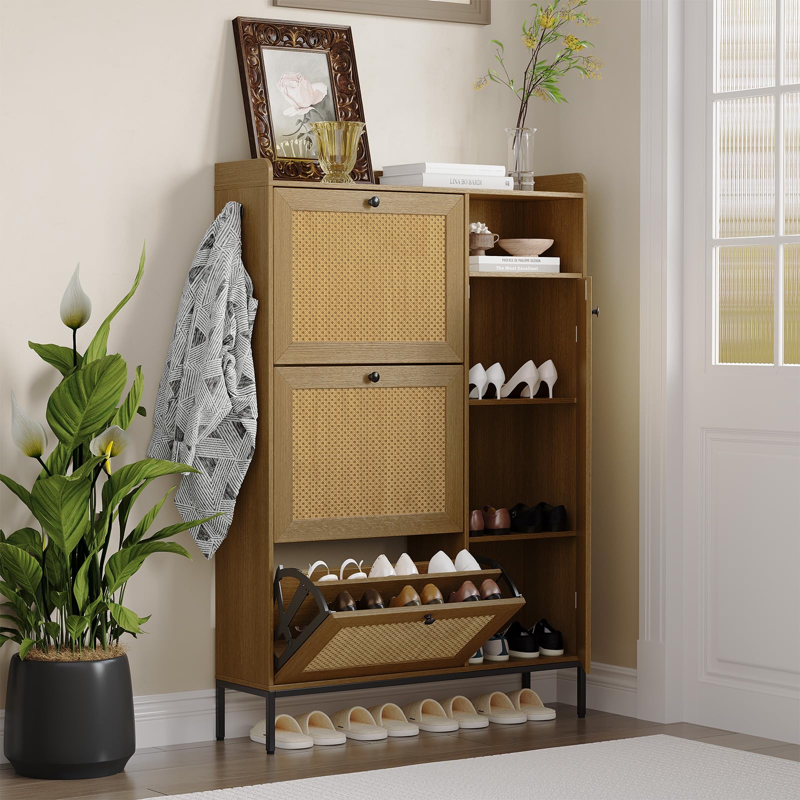 GAOMON Shoe Storage Cabinet with 3 Flip Drawers - Adjustable Rattan Wooden Shoe Rack Organizer for Entryway, Hallway & Living Room - Free Standing Shoe Cabinet for Home Organization & Space Saving