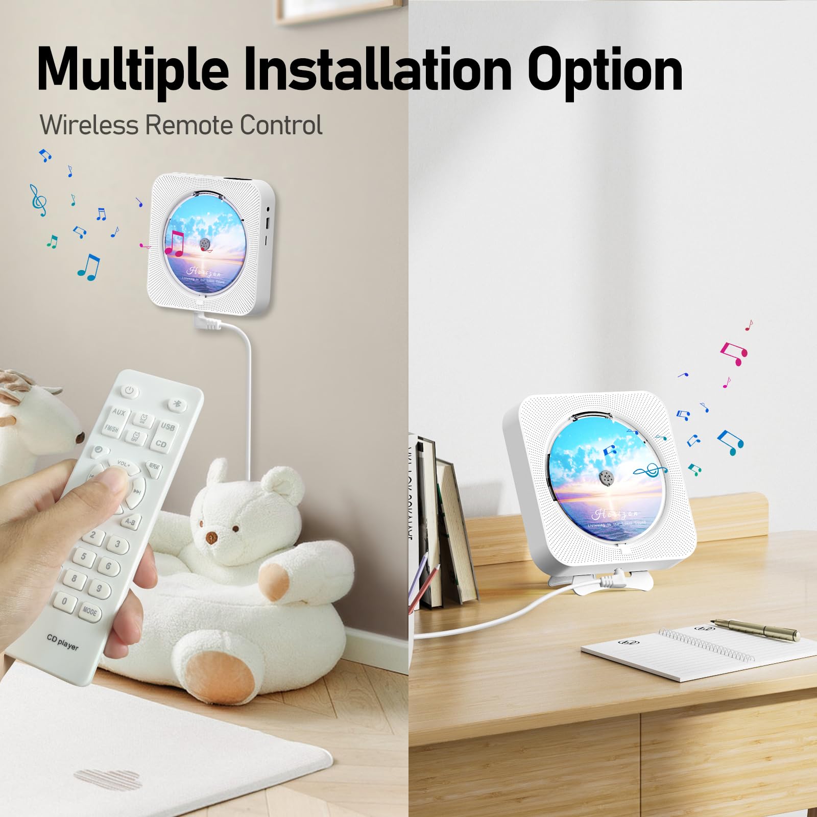 Wireless Bluetooth CD Player with Remote Control, Timer, Built-in Speakers & LED Display - Portable FM Radio Boombox for Home, Office, and Outdoor Use (White) - Perfect for Music Lovers, Parties, and Relaxation