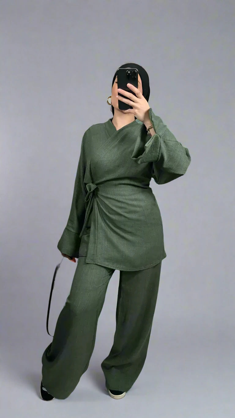 2-Piece Wrinkle-Free Lace-Up Top & Pant Suit for Muslim Women - Modest Office Wear & Special Occasion Outfit