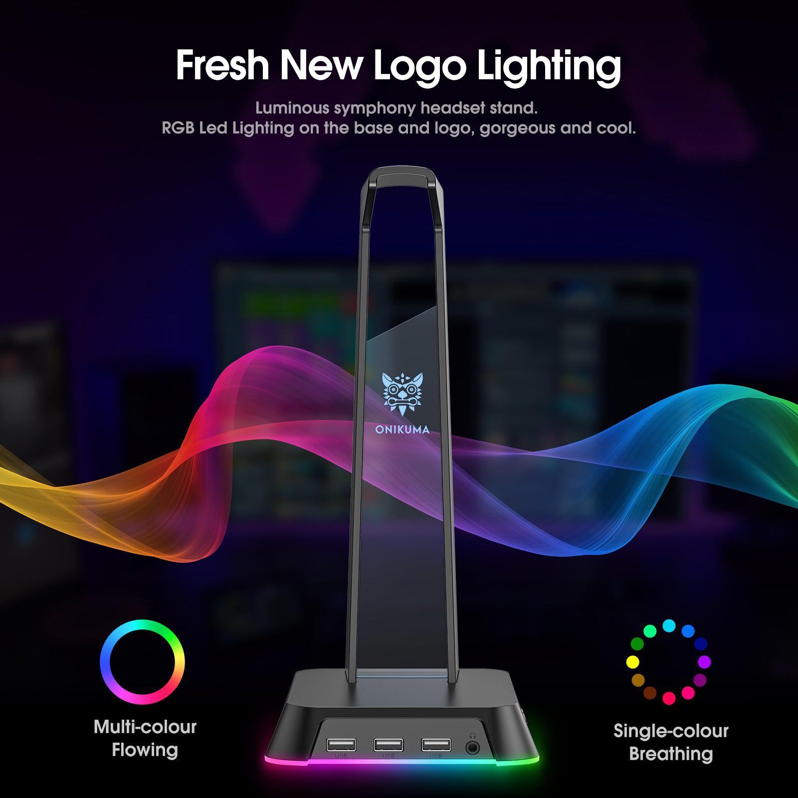 ONIKUMA ST2 RGB Gaming Headphone Stand with 3 USB Ports & 3.5mm AUX Jack - Perfect for PC Gaming Setup, Streaming Studio & Office Workspace