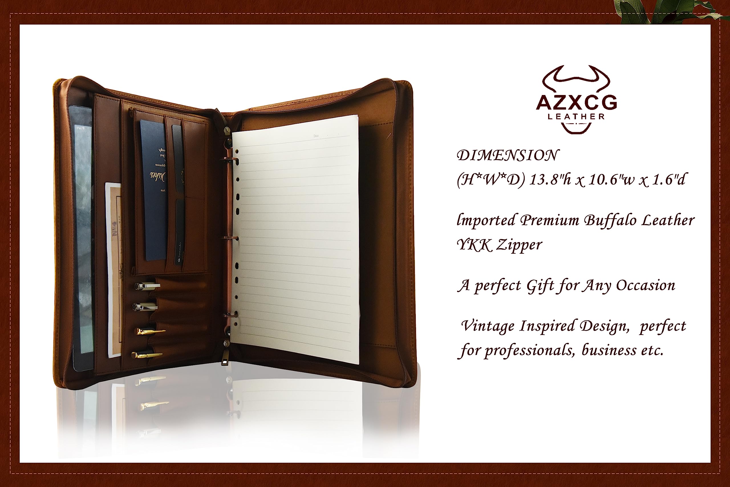 Premium Genuine Leather Business Portfolio for Men - Professional Zippered Padfolio Organizer with 3-Ring Binder, Pen Holder & Card Slots | Perfect for iPad & Kindle Fire | Ideal for Office Meetings, Business Travel & Presentations