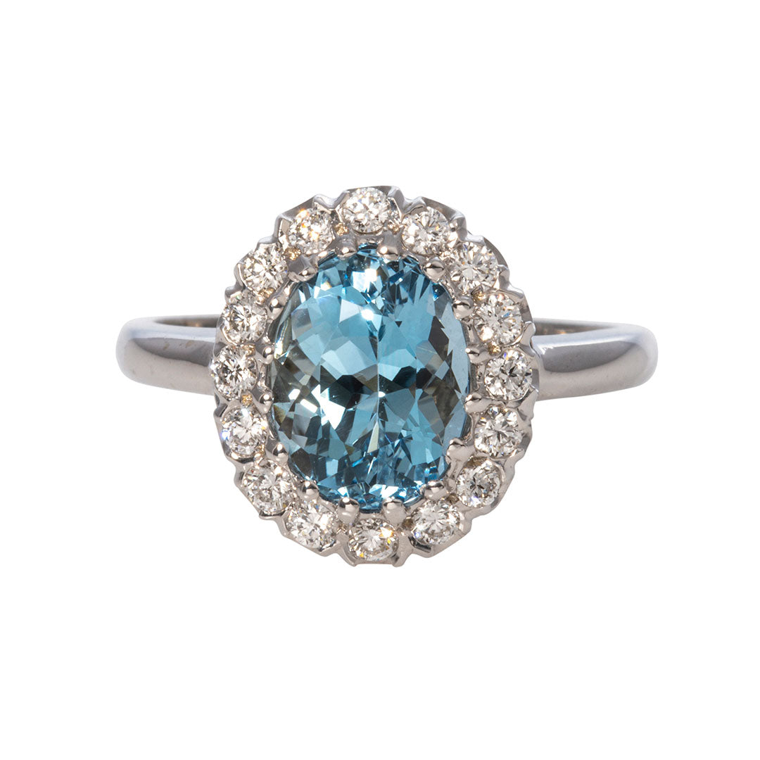 14K White Gold Oval Aquamarine & Diamond Cluster Ring for Women - Elegant Jewelry Gift for Engagement, Anniversary & Special Occasions