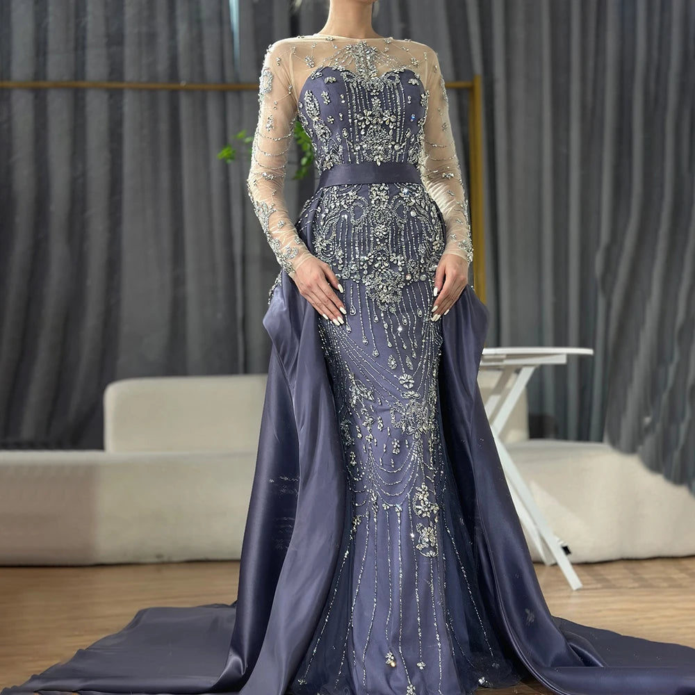 Luxury Dubai Elegant Blue Saudi Arabic Evening Gown with Overskirt - Crystal Beaded Formal Dress for Women - Perfect for Weddings, Galas & Special Occasions LA72757