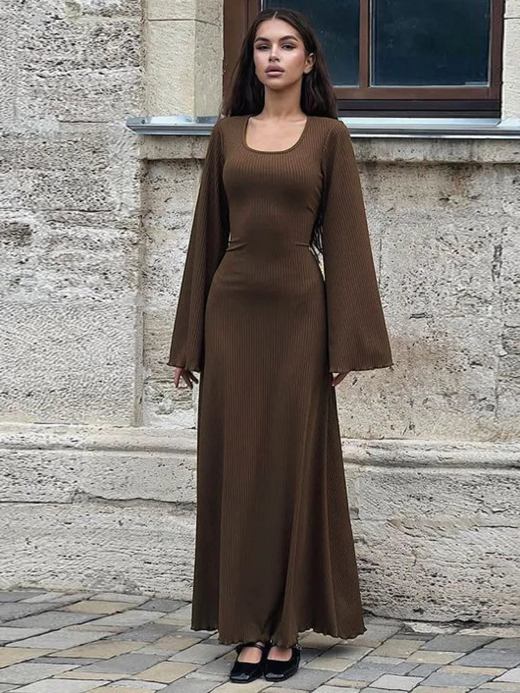 Women's Square Neck Flare Sleeve Lace-Up Waist Bodycon Dress - Autumn Winter Slim Fit Party Club Streetwear for Date Night & Holiday Outfits