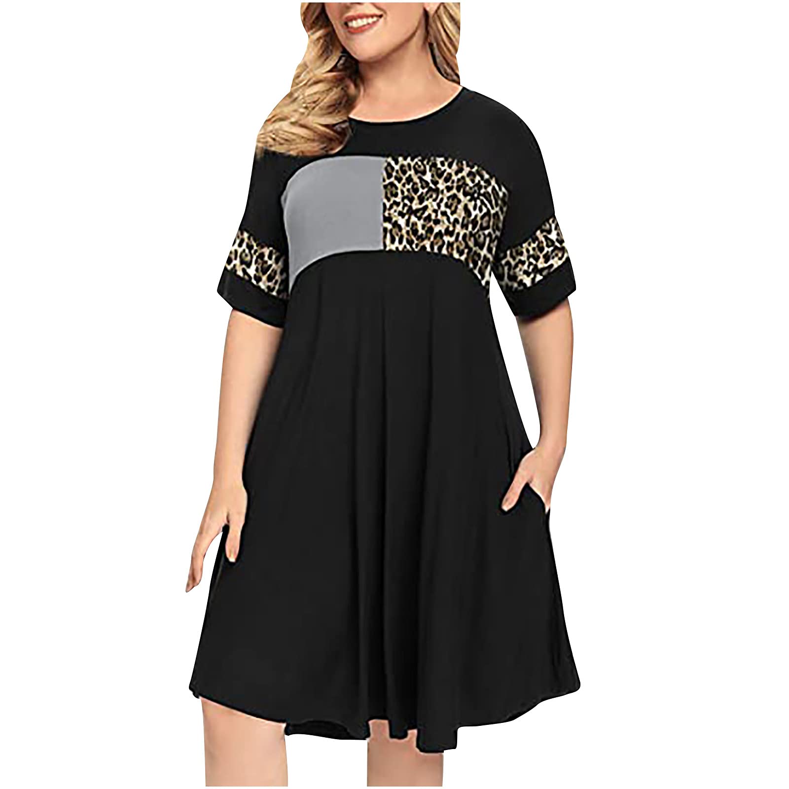 YUNIAO Plus Size Leopard Print Midi Dress for Women | Summer Casual Short Sleeve Patchwork Crewneck Dress | Wedding Guest Outfit, Beach Party & Date Night
