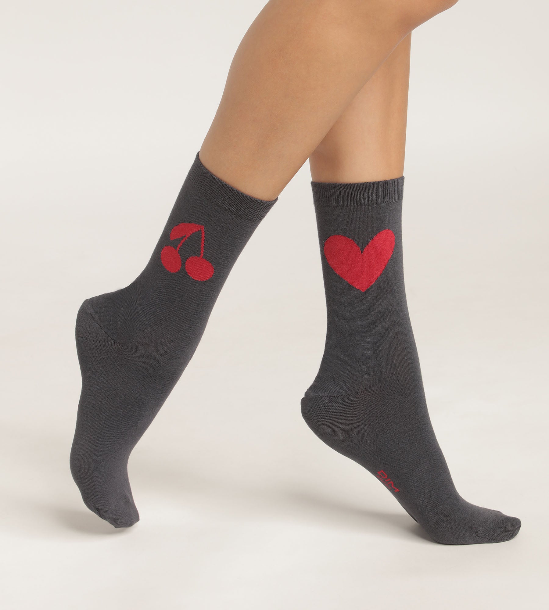 2 Pairs Women's Socks - Dark Gray Heart & Cherry Print Bamboo Cotton - Soft Breathable for Daily Wear, Workout & Casual Outfits