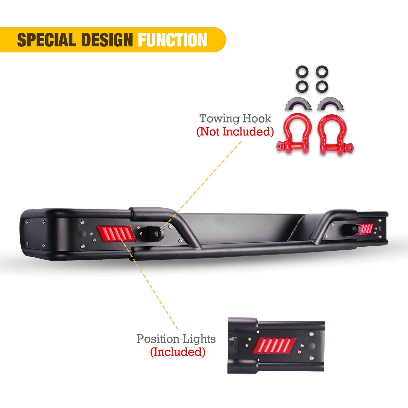 WOLFSTORM Alloy Steel Rear Bumper with LED Position Lights for 2018-2022 Jeep Wrangler JL/JLU | Heavy-Duty Replacement Bumper for Off-Road Adventures & Enhanced Vehicle Protection