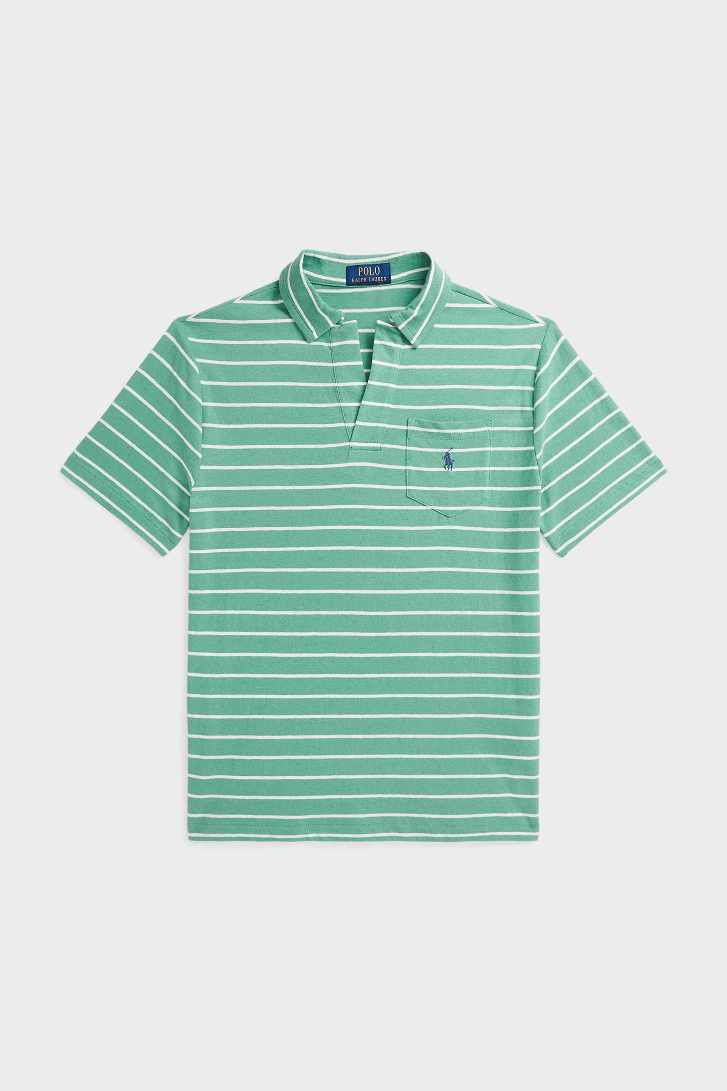 Boys Green Short Sleeve Cotton Linen Striped Polo Shirt with Johnny Collar - Perfect for Summer Outings, School and Casual Wear