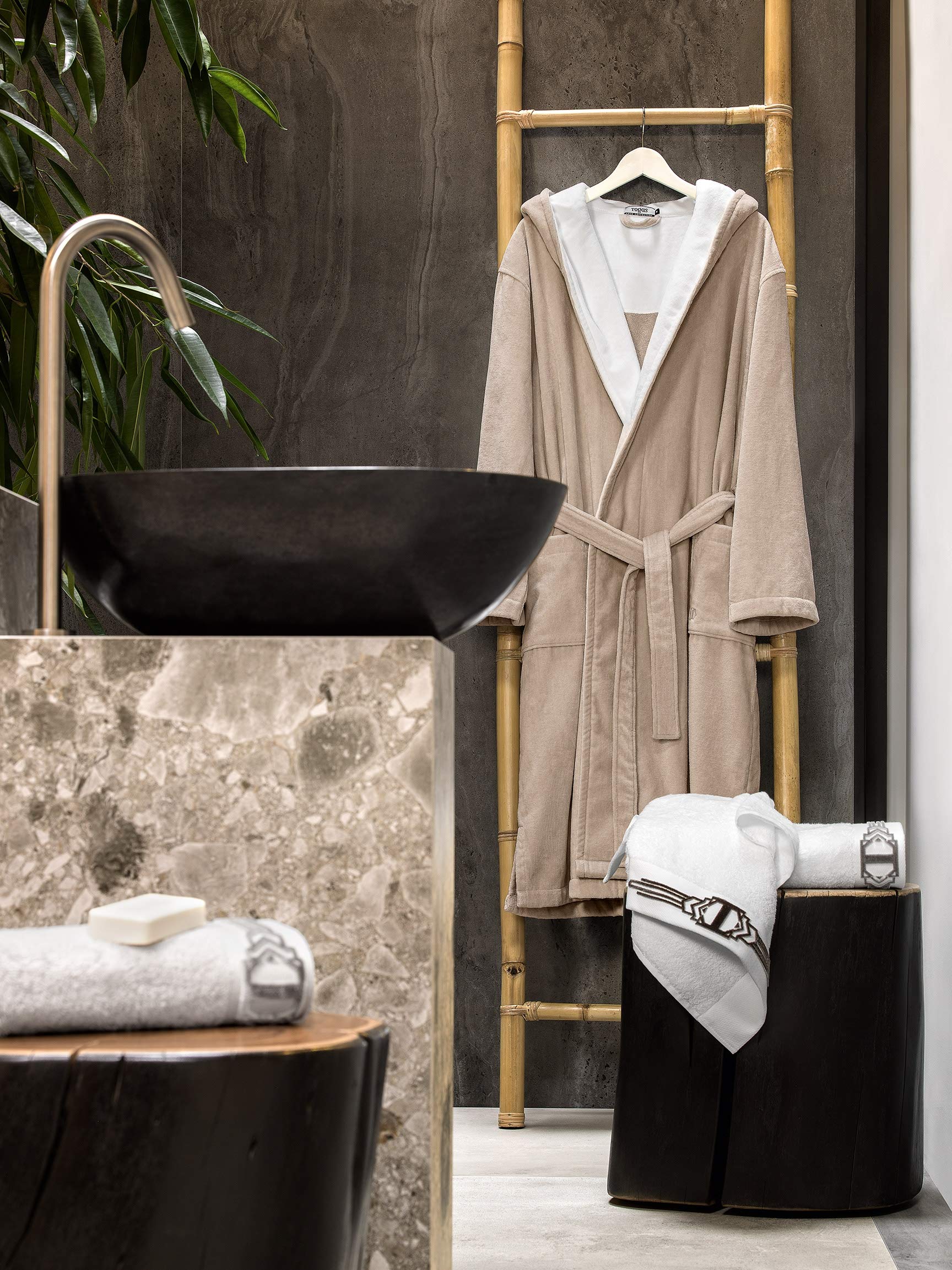 ART-LINE 100% Cotton Men's Long Velour Robe - Soft White with Pale Brown - Perfect for Spa, Lounging & Relaxation at Home
