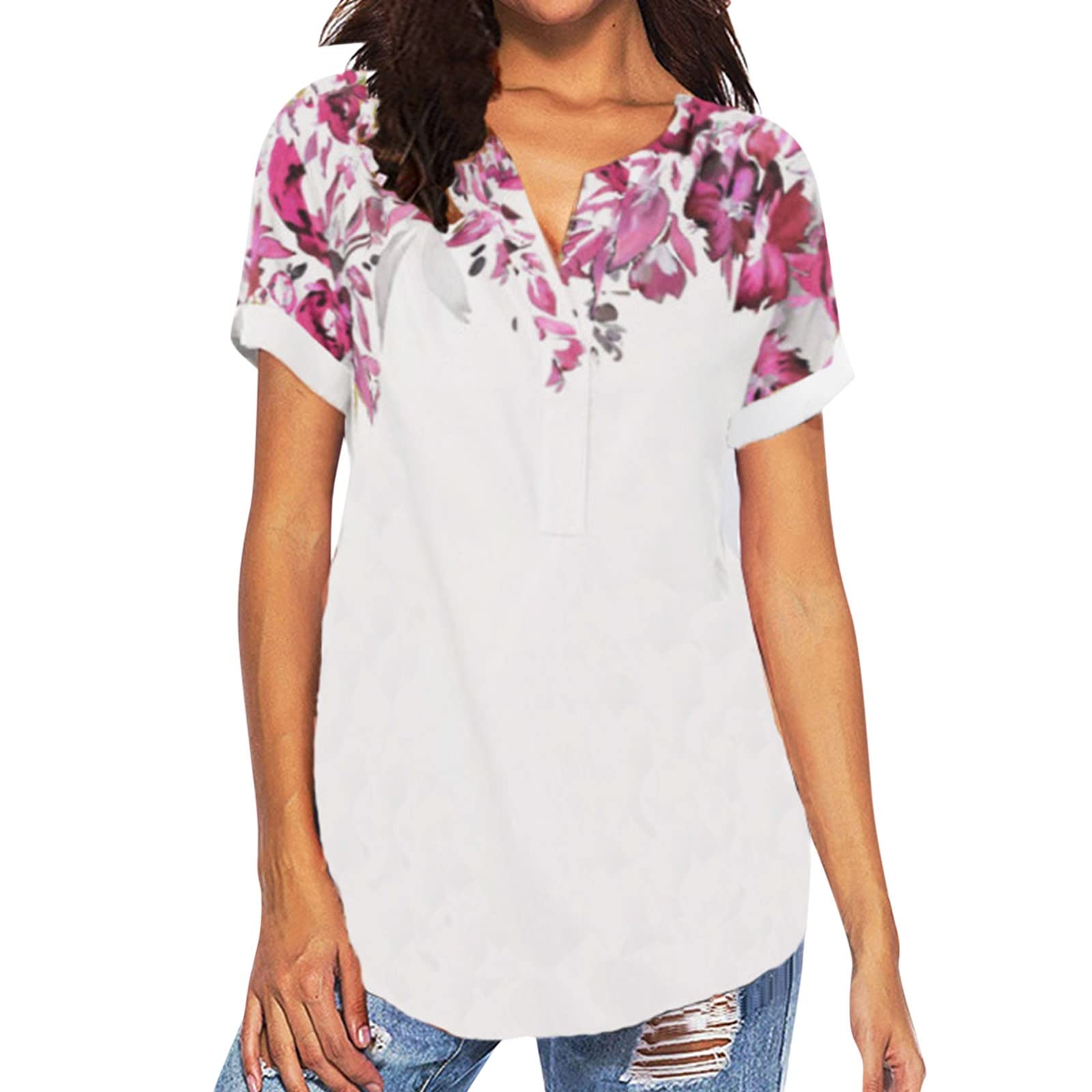 BHUJ Women's Summer V-Neck Short Sleeve Printed Floral T-Shirts 3 Pack - Casual Comfort Tees for Everyday Wear, Outings & Vacation