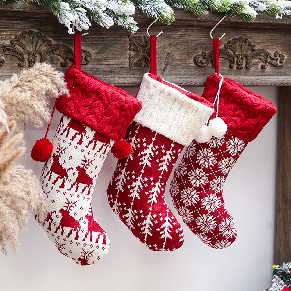 16 Inch Knit Christmas Stockings Set of 3 - Rustic Holiday Stocking Decor with Snowflake Tree & Elk Design - Perfect for Family Xmas Party, Fireplace Mantel & Gift Giving