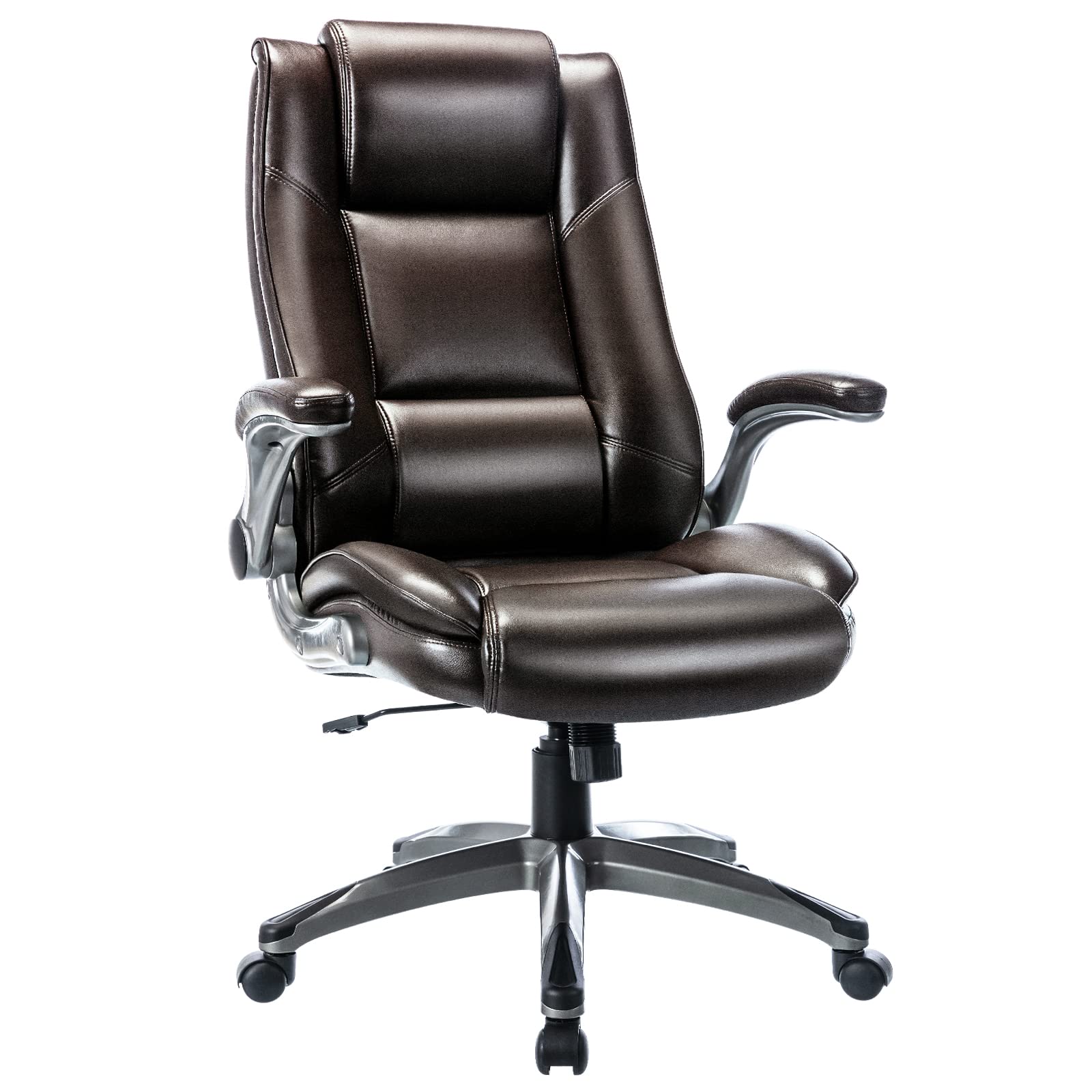 COLAMY High Back Leather Office Chair with Flip-Up Arms - Adjustable Swivel Executive Desk Chair with Thick Padding for Comfort & Ergonomic Support - Perfect for Home Office, Gaming & Workspace (Brown)