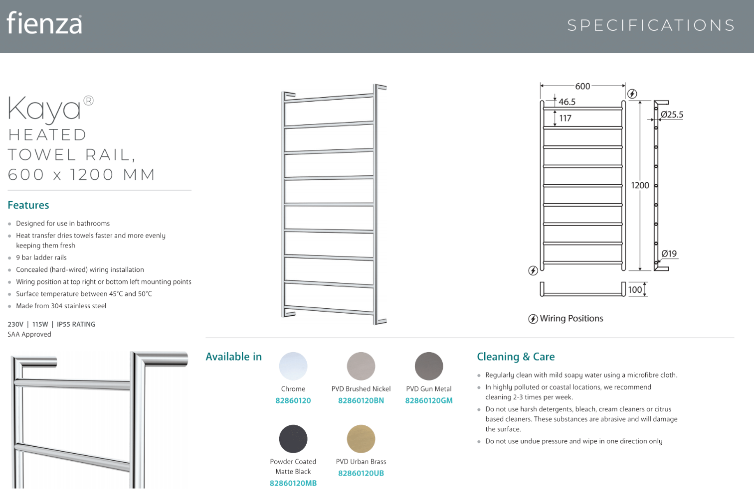 Fienza 82860120MB Kaya Heated Towel Rail 600x1200mm Matte Black - Premium Bathroom Heated Towel Warmer for Spa, Luxury Hotels & Modern Homes