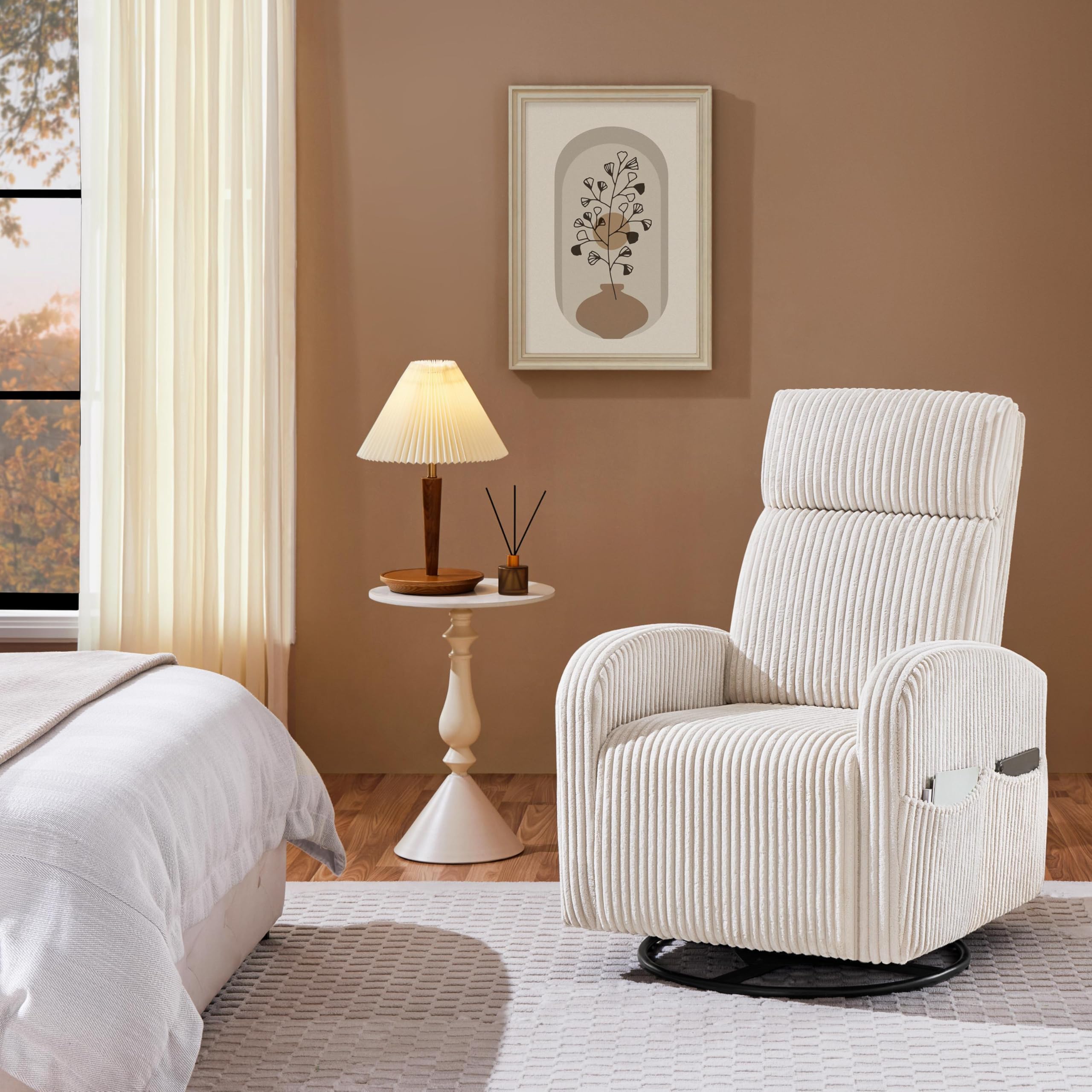Yaheetech 360° Swivel Glider Rocking Chair - High Back Nursery Nursing Chair with Side Pockets, Soft Corduroy Upholstery, Beige - Perfect for Baby Nurseries, Living Rooms & Breastfeeding Comfort