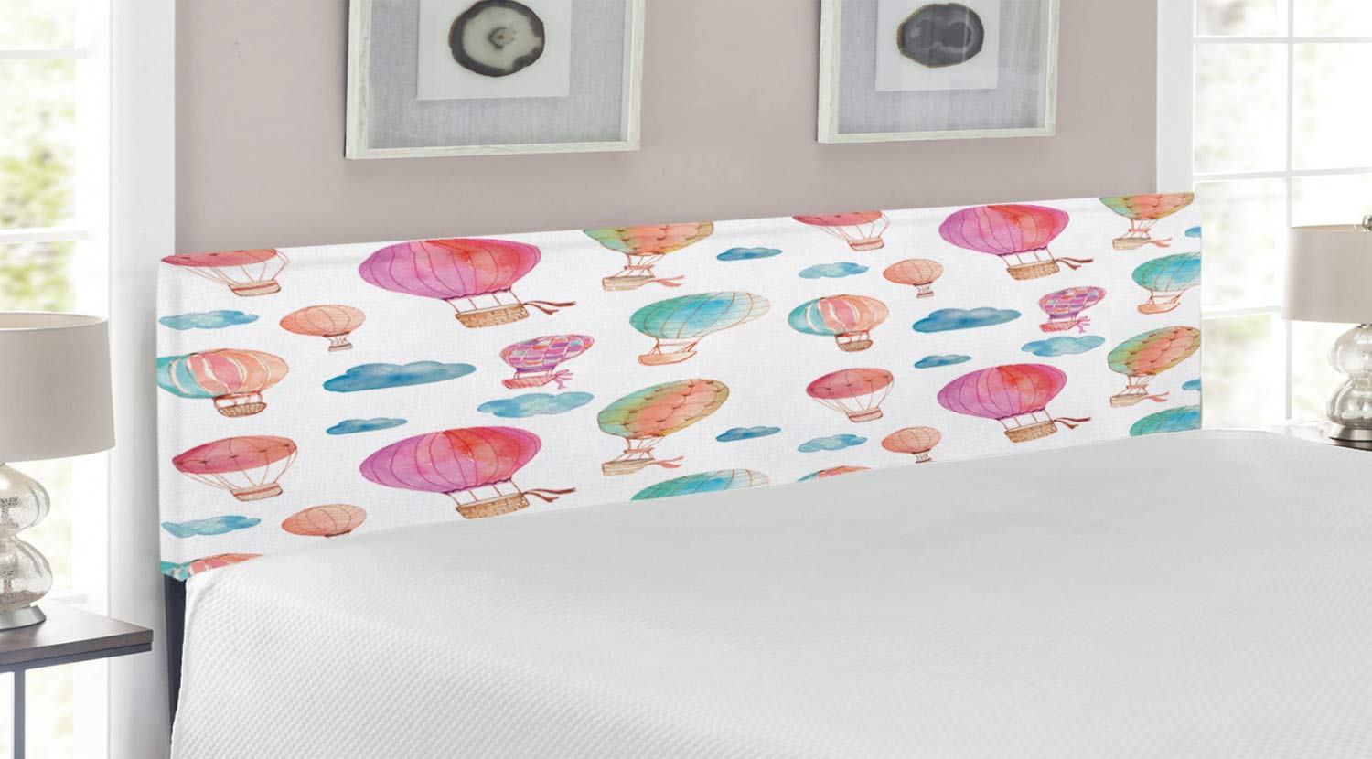 Ambesonne Watercolor Headboard - Hand-Painted Floating Hot Air Balloons & Clouds Print - Upholstered Decorative Metal Bed Headboard with Memory Foam - King Size - Blue Pink Coral - Perfect for Bedroom Decor, Guest Rooms & Nursery Design
