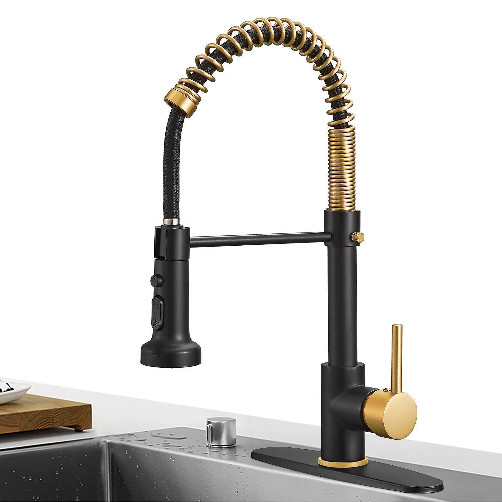 Matte Black & Gold Spring Kitchen Faucet with Pull Down Sprayer - for RV & Laundry Sinks