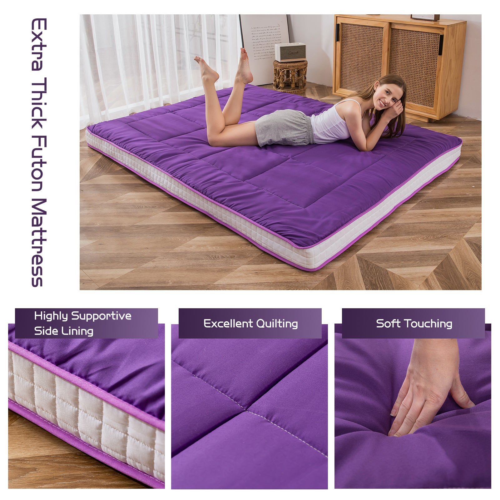 MAXYOYO Extra Thick Purple Japanese Floor Mattress - Foldable Sleeping Pad for Guest Bed, Camping & Home Use | Comfortable Futon Alternative for Small Spaces