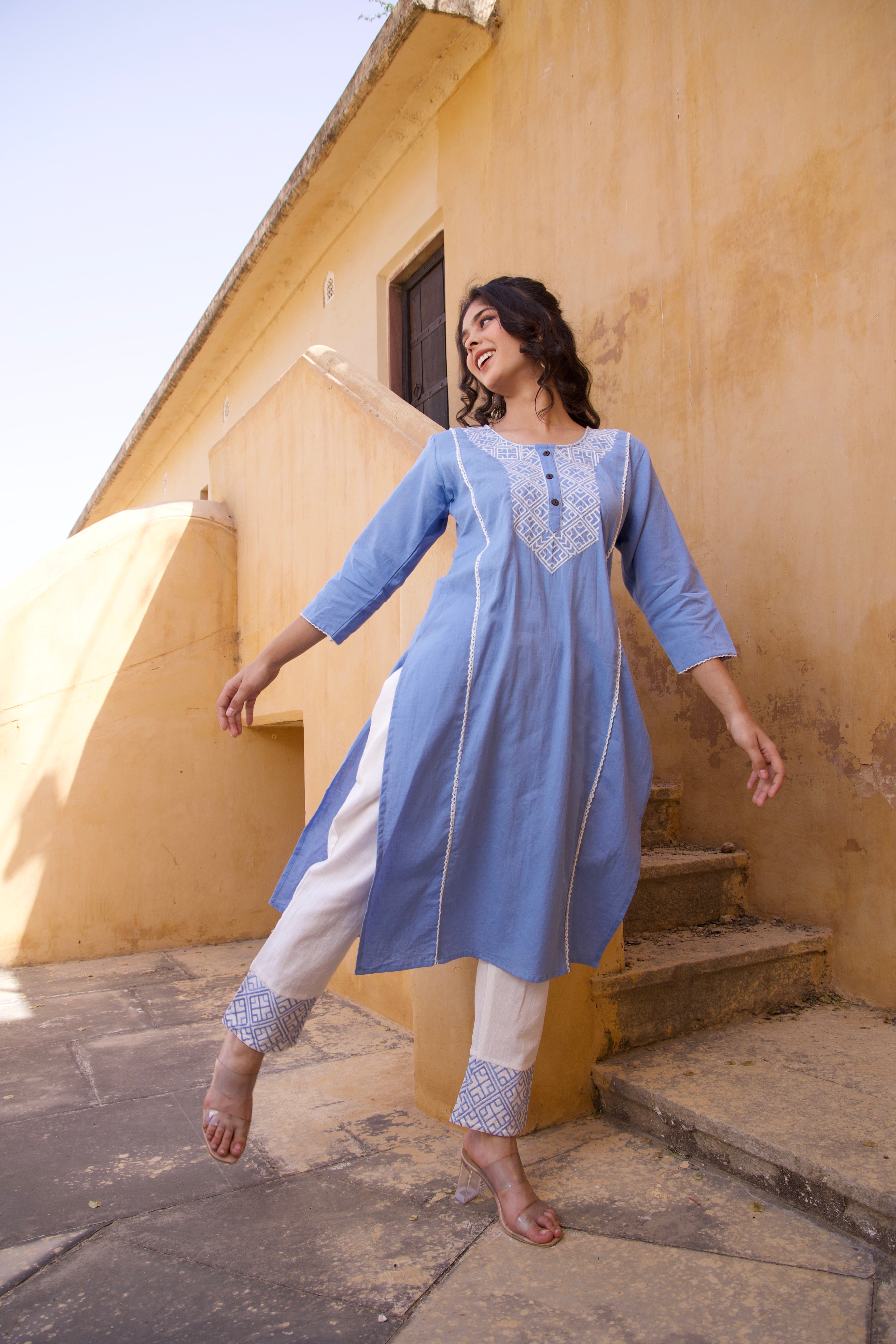 Blue Embroidered Kurta Set with Cross Design - Elegant Ethnic Outfit for Women, Festivals, Weddings & Special Occasions